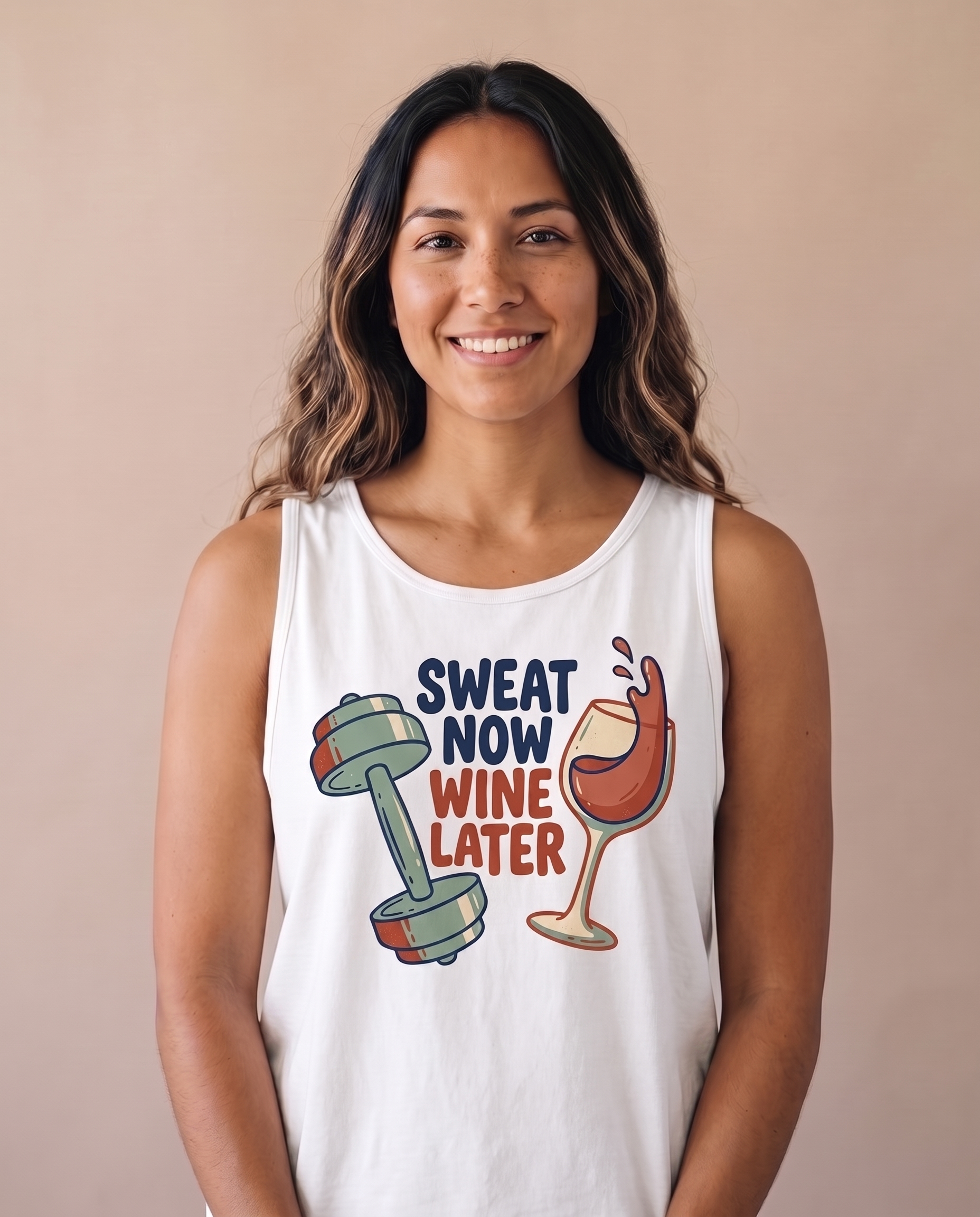 Sweat Now Wine Later Comfort Colors tank in White, stacked navy and rust lettering with dumbbell and wine glass print