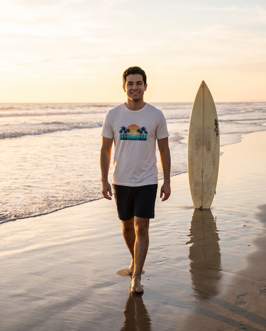 Man walking the shoreline at golden hour in the Retro Beach Sunset tee in White, retro palms and striped ocean sunset print at mid chest, surfboard by the surf