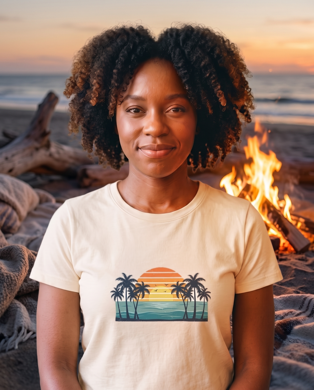 Woman at an evening beach bonfire in the Retro Beach Sunset tee in Natural, retro palms and striped sunset print visible in the firelight