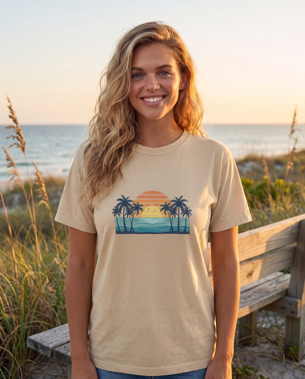 Woman at a dune overlook in the Retro Beach Sunset tee in Sand, retro palms and striped ocean sunset print at mid chest, sea oats behind