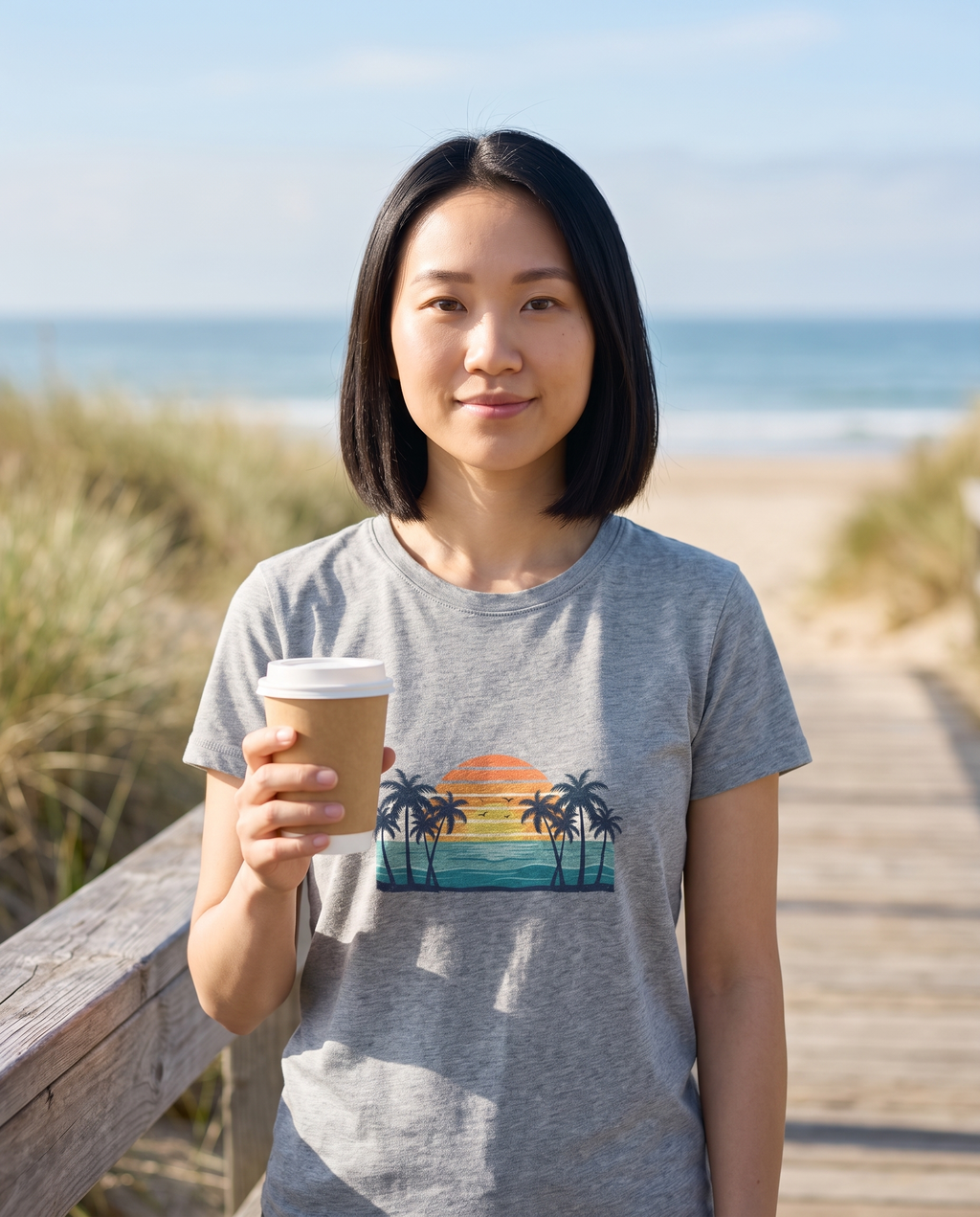 Woman with coffee on a morning beach boardwalk in the Retro Beach Sunset tee in Sport Grey, retro palms and striped sunset print visible
