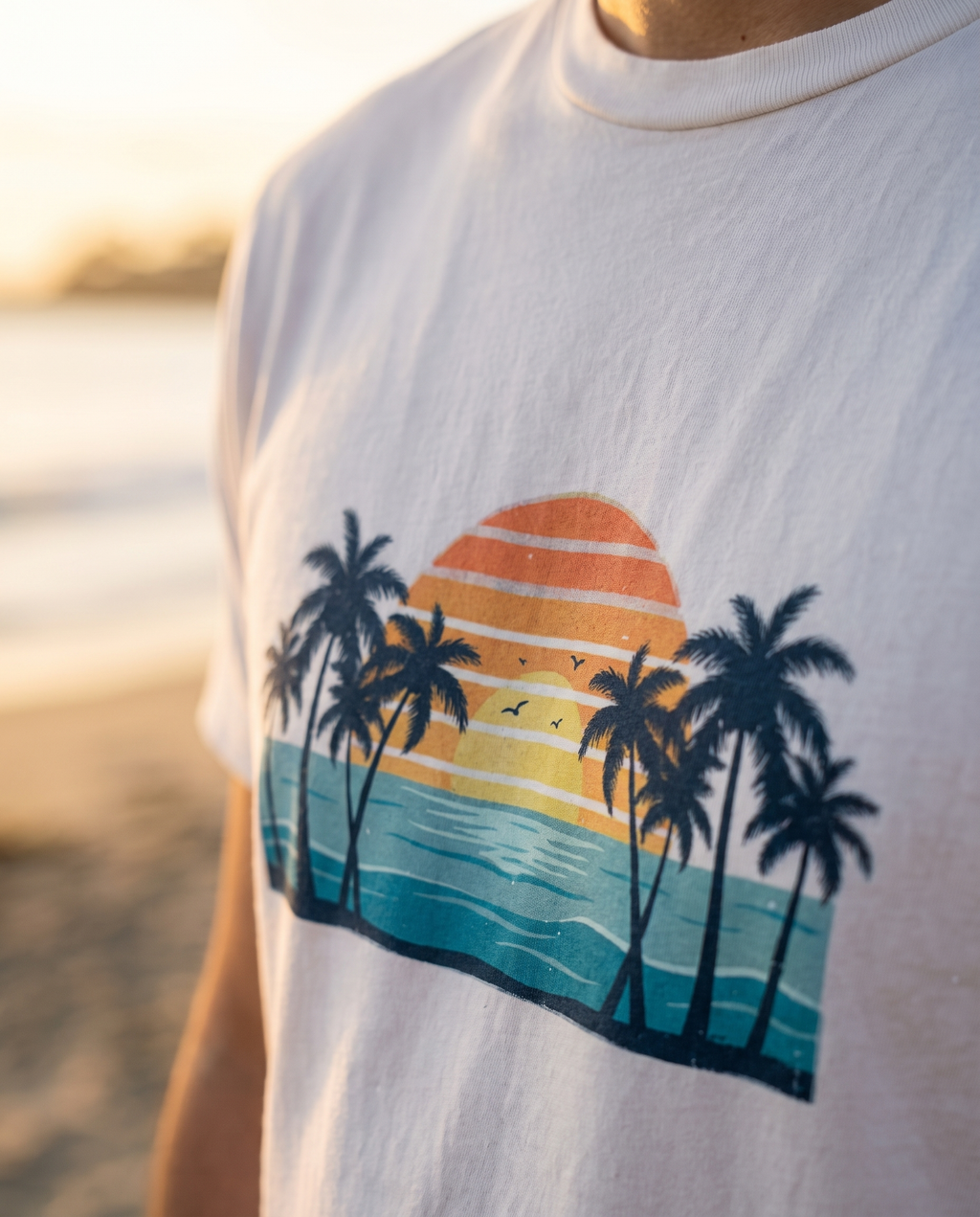 Bokeh close up of the Retro Beach Sunset print on the White tee, striped sunset and palm silhouettes sharp in the cotton weave