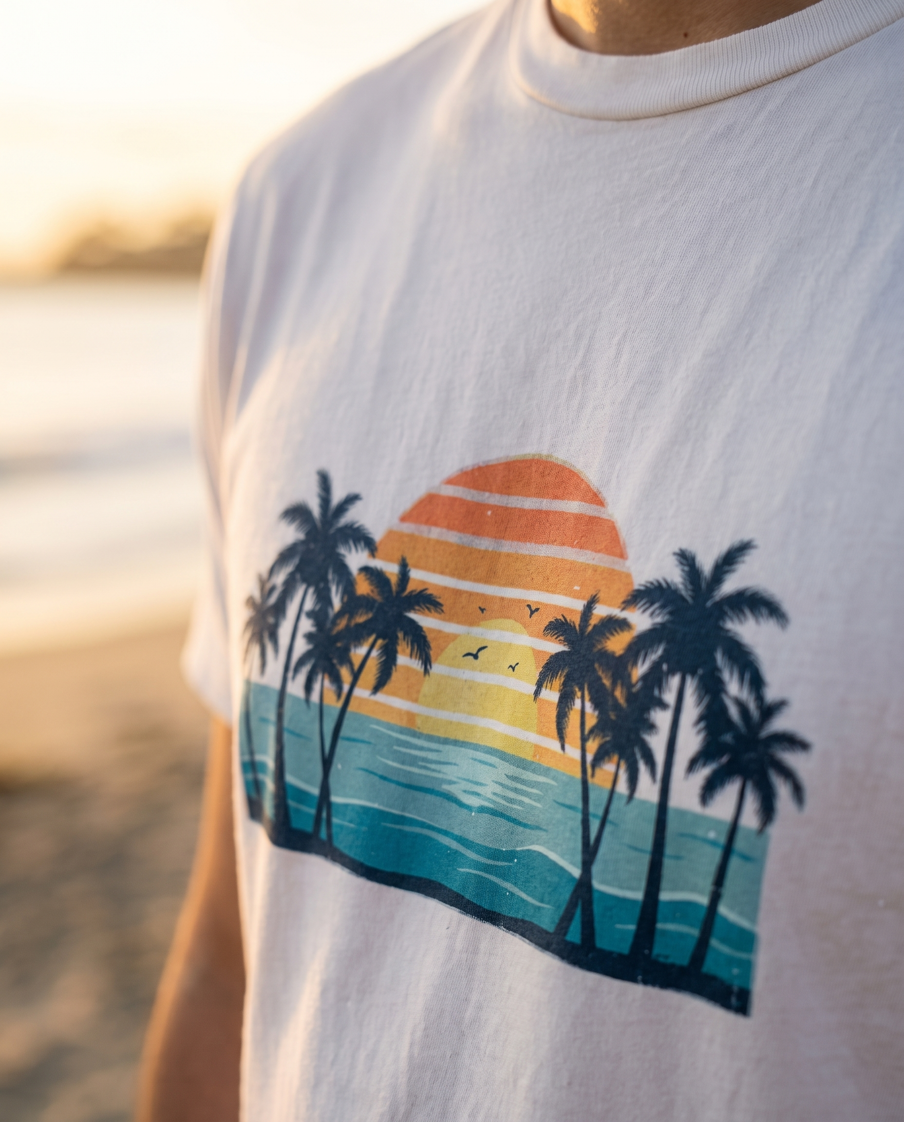 Bokeh close up of the Retro Beach Sunset print on the White tee, striped sunset and palm silhouettes sharp in the cotton weave