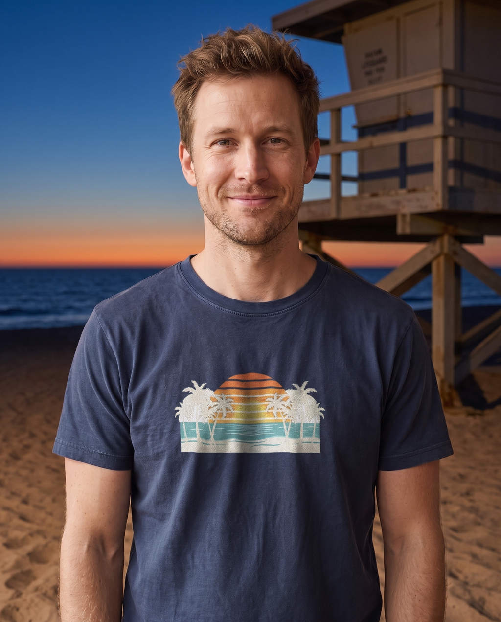 Man at a dusk beach by a lifeguard tower in the Retro Beach Sunset tee in Navy, cream palms and orange striped sunset print at mid chest