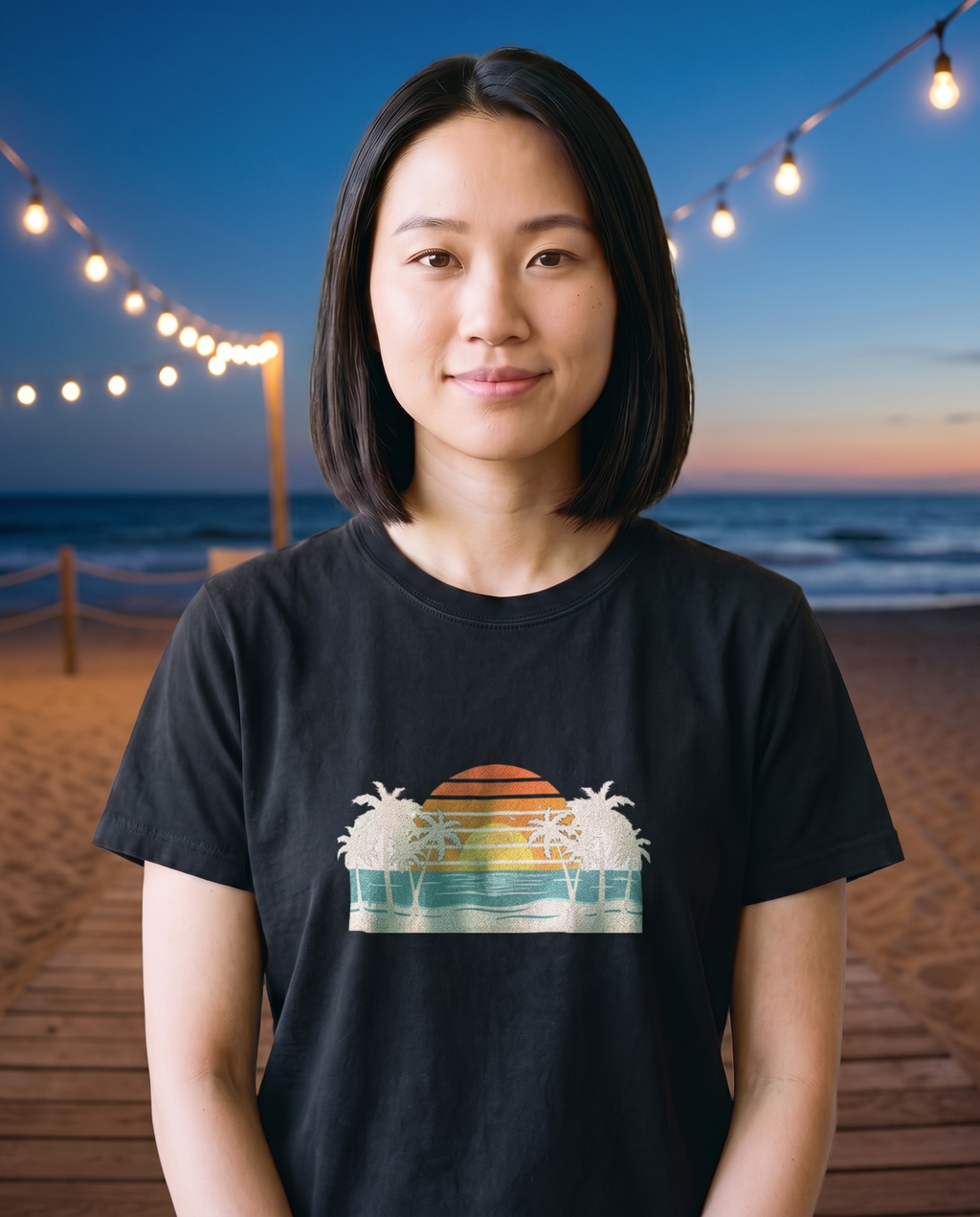 Woman on an evening beach boardwalk under string lights in the Retro Beach Sunset tee in Black, cream palms and orange striped sunset print at mid chest
