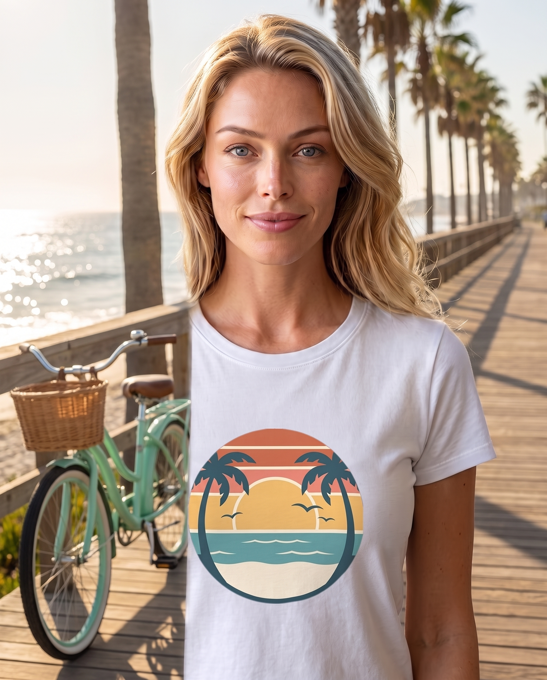 Woman with a beach cruiser on a palm-lined oceanfront boardwalk in the Retro Sunset Circle tee in White, striped sunset circle badge with palms at mid chest
