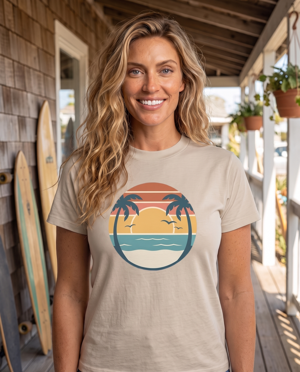 Woman on a surf shop porch with longboards in the Retro Sunset Circle tee in Sand, striped sunset circle badge with palms at mid chest