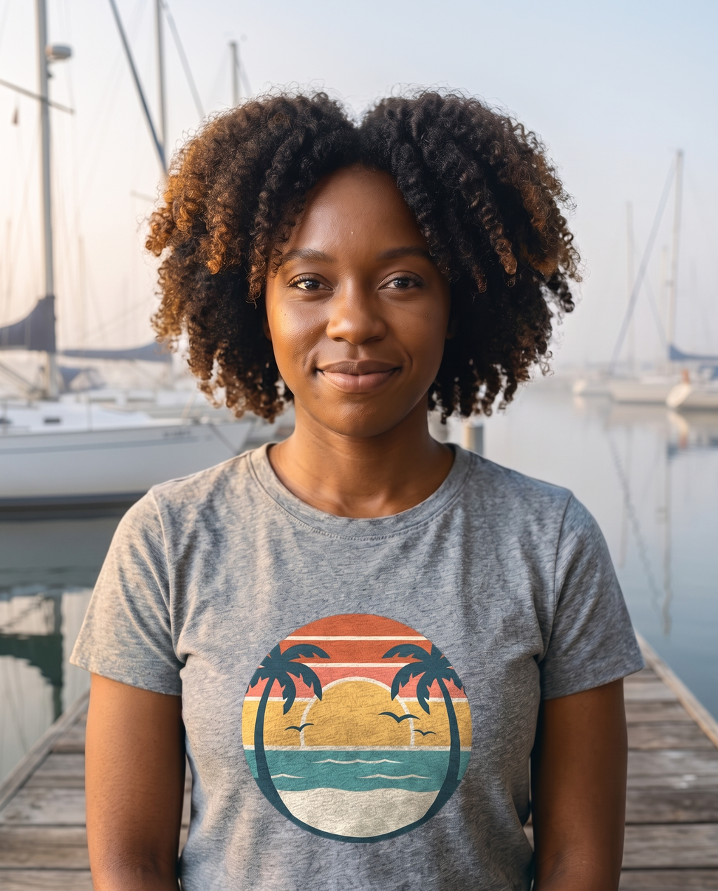 Woman on a marina dock at misty morning in the Retro Sunset Circle tee in Sport Grey, striped sunset circle badge with palms at mid chest