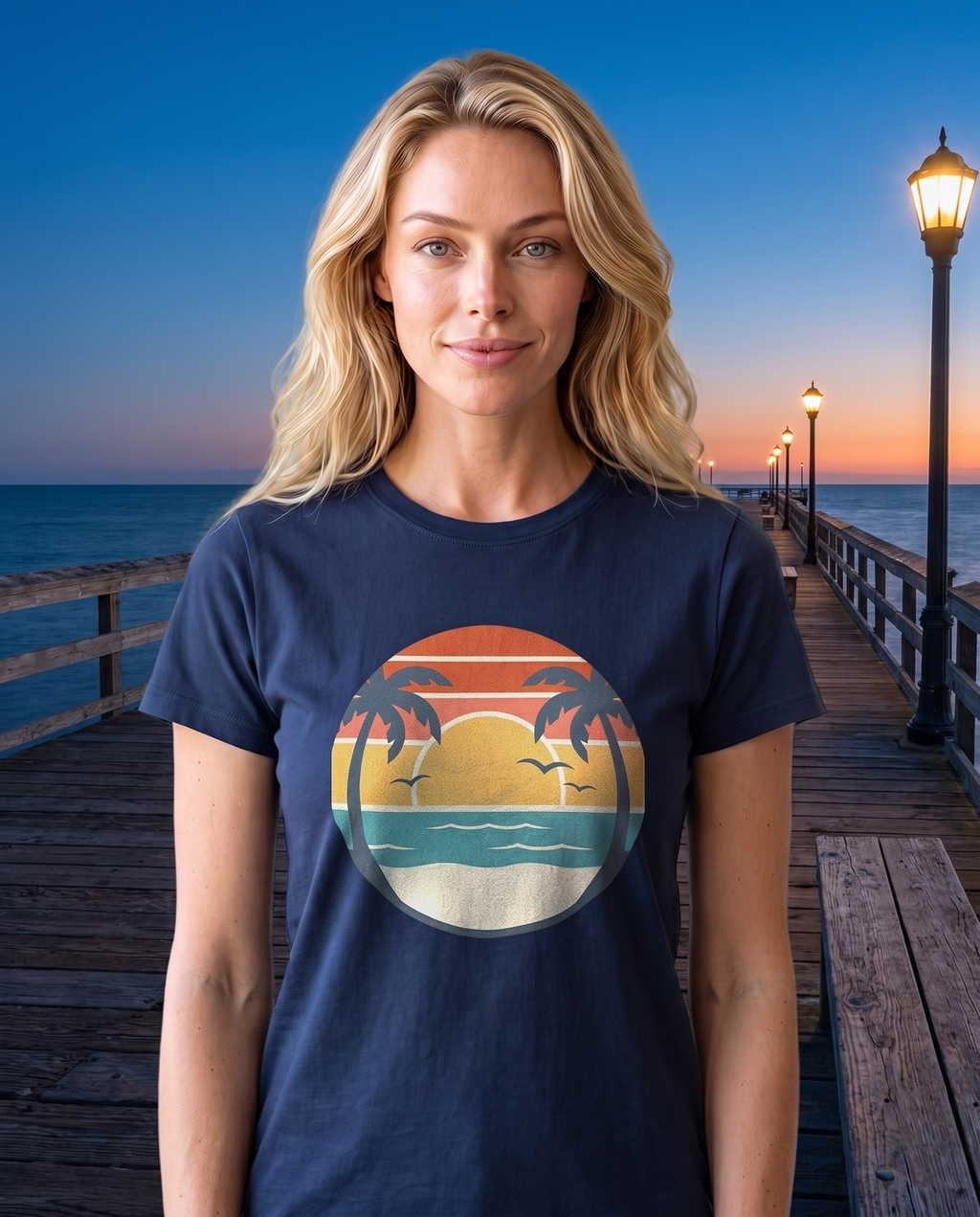 Woman on an evening pier at blue hour in the Retro Sunset Circle tee in Navy, striped sunset circle badge with palms at mid chest
