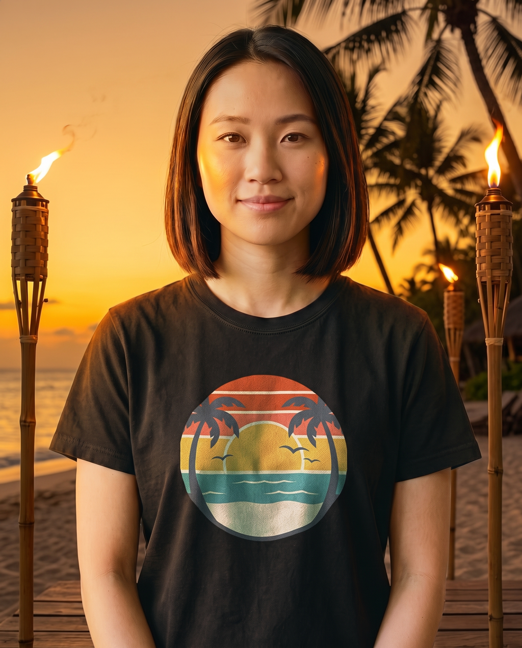 Woman on a dusk beach deck with tiki torches in the Retro Sunset Circle tee in Black, striped sunset circle badge with palms at mid chest