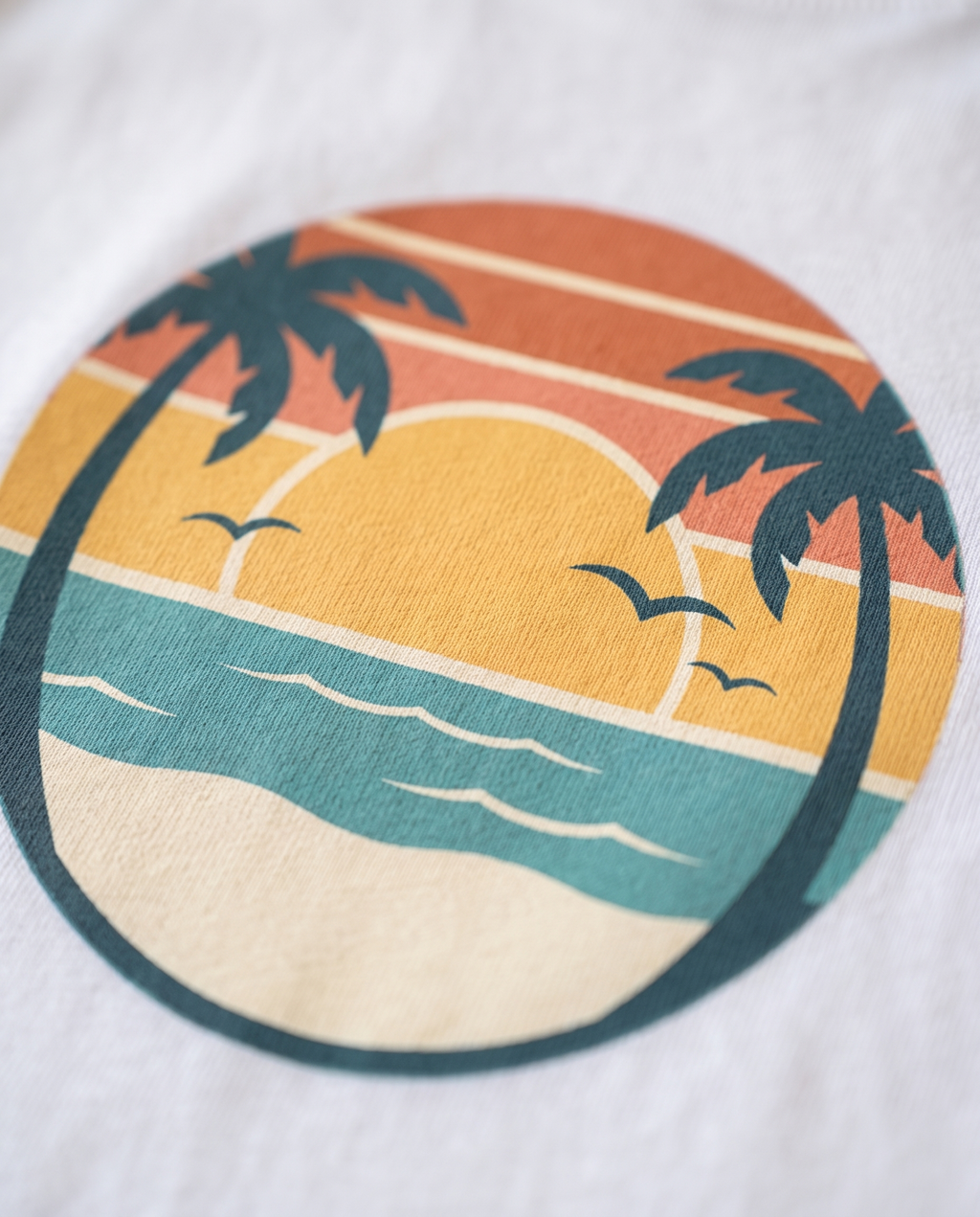 Macro close up of the chest print on the Retro Sunset Circle tee in White, striped sunset circle badge with palms visible in the cotton weave