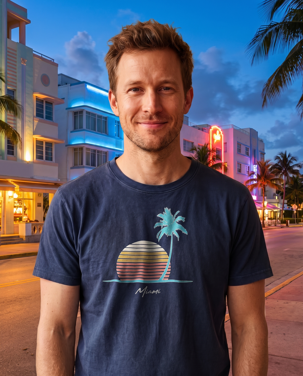 Man on Ocean Drive at dusk in the Retro Miami Palm Sunset tee in Navy, single palm striped sunset print with Miami script at mid chest