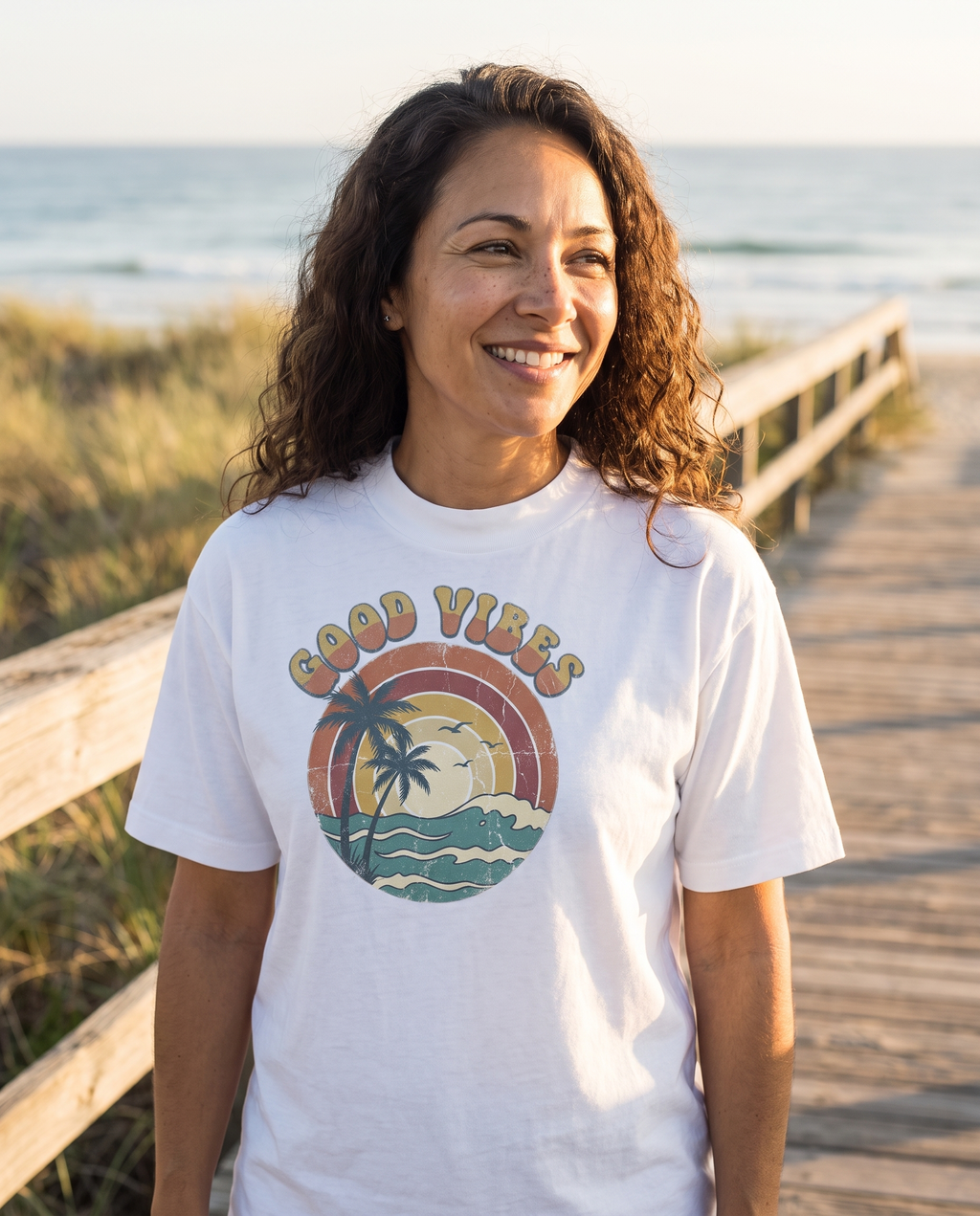 Good Vibes retro beach tee in white on a sunlit beach boardwalk