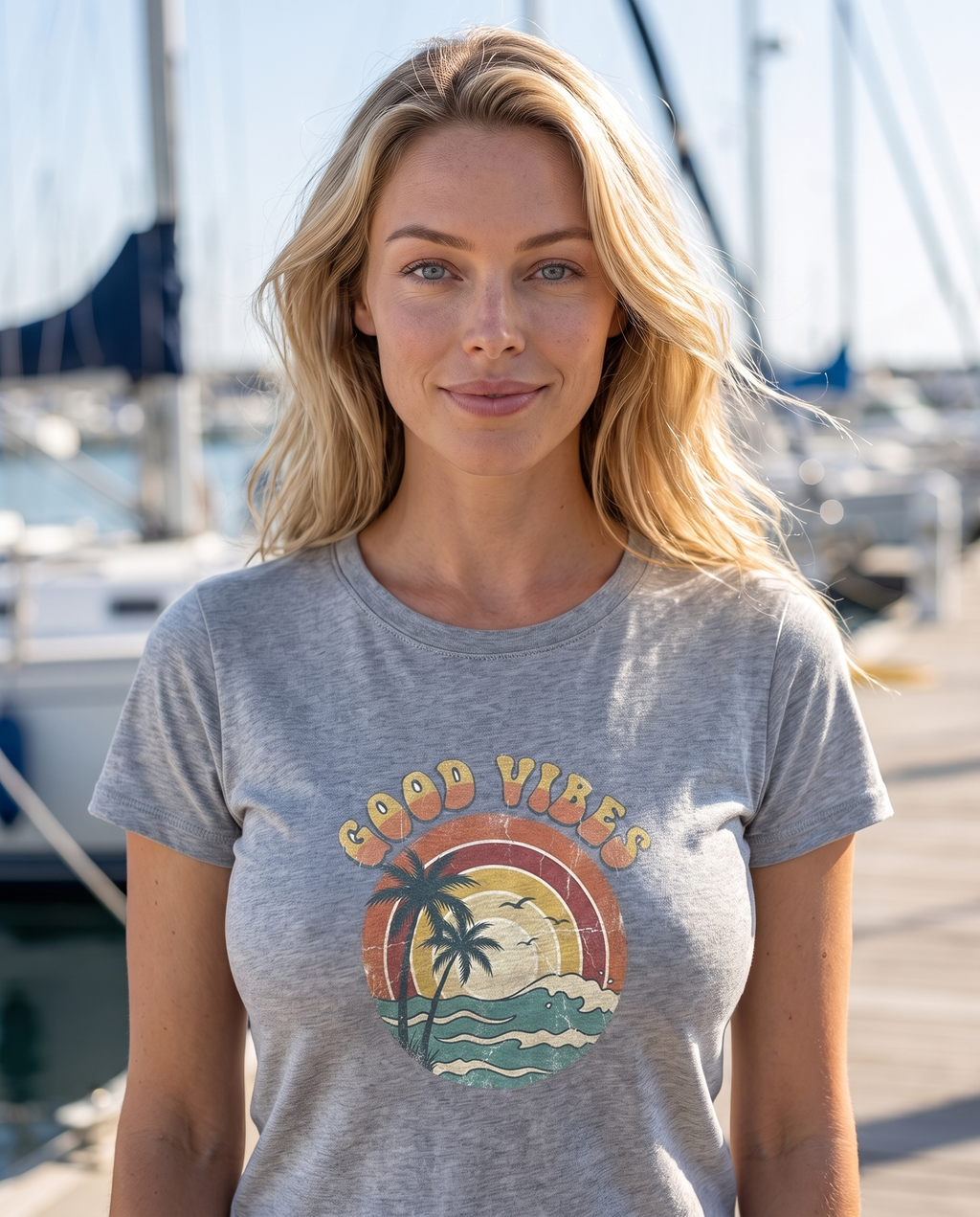 Good Vibes retro beach tee in sport grey on a marina dock