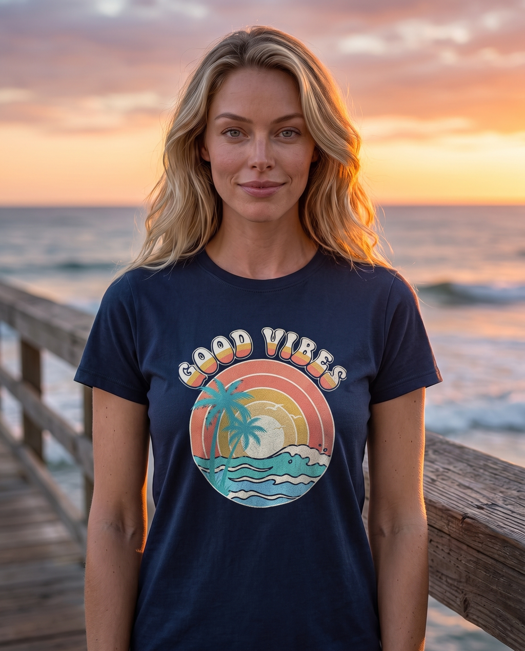 Good Vibes retro beach tee in navy on an ocean pier at dusk
