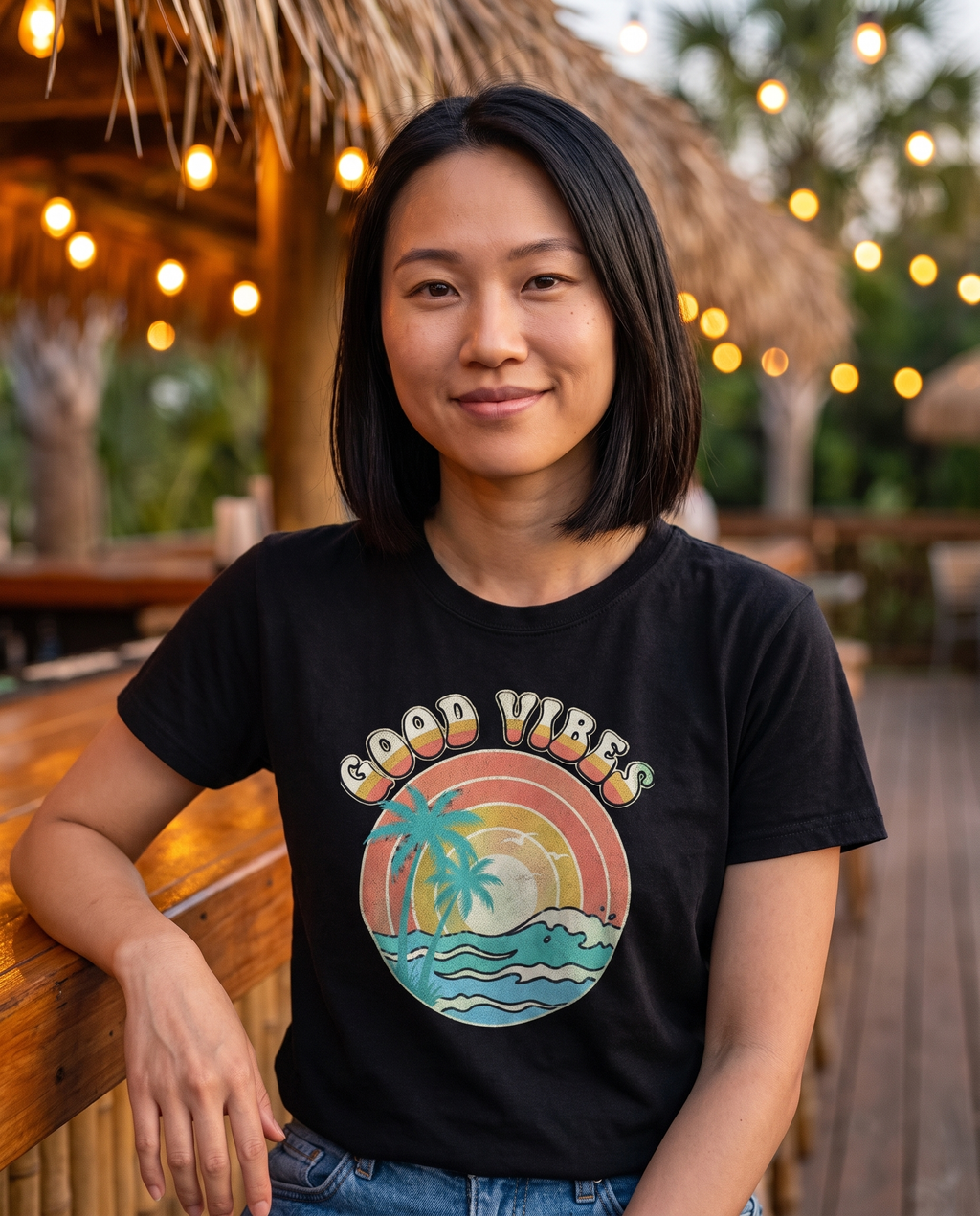 Good Vibes retro beach tee in black on a tiki deck in the evening
