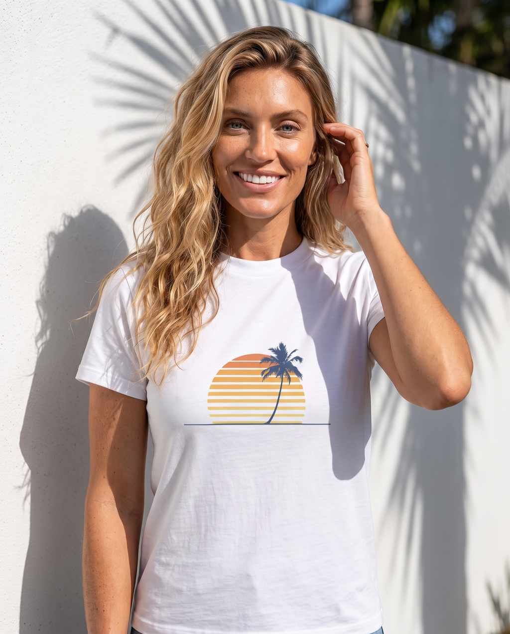 Retro palm and sunset minimalist tee in white against a sunlit wall with palm shadows
