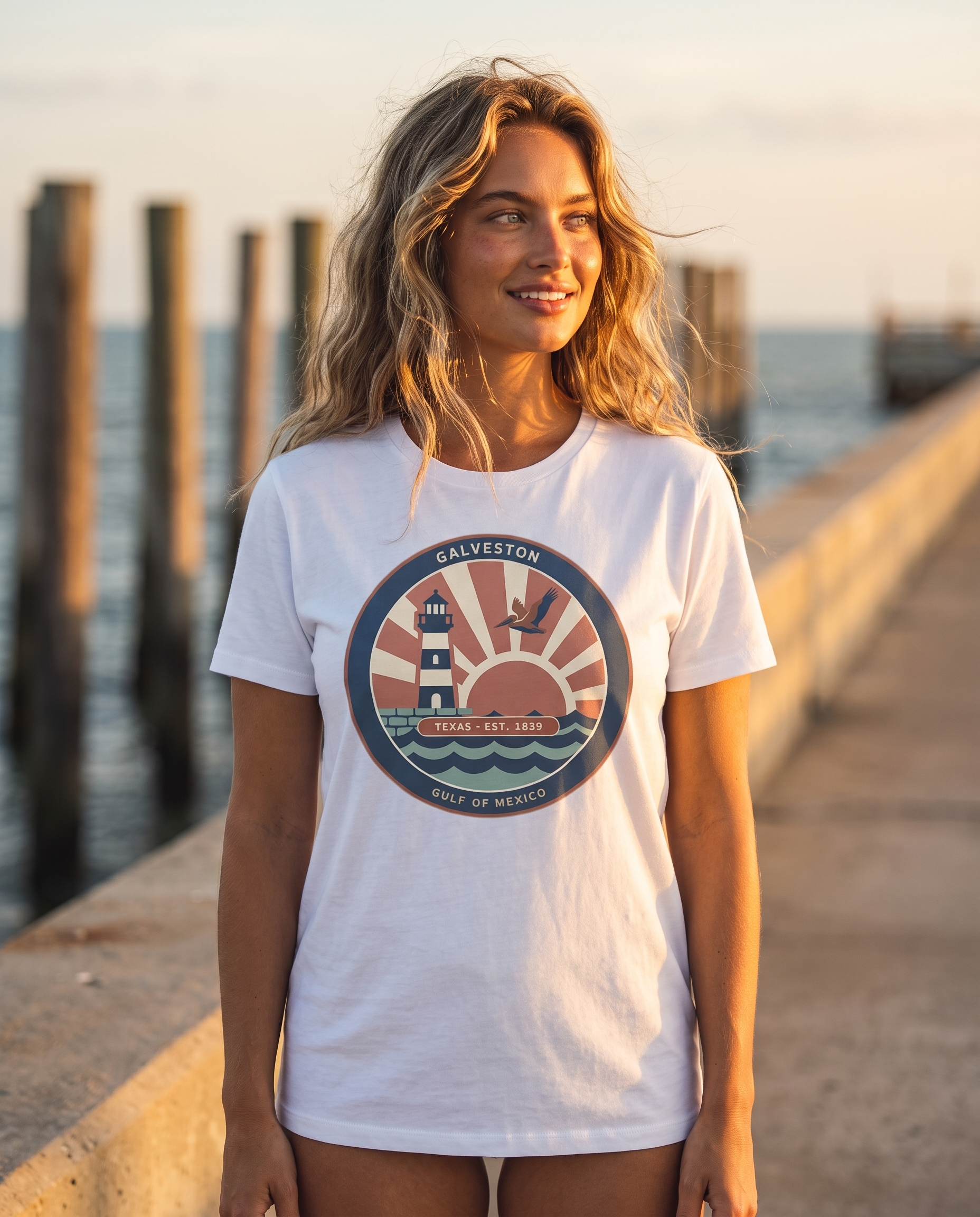 Woman wearing the White Galveston Texas vintage coastal badge tee on the Galveston Seawall at golden hour