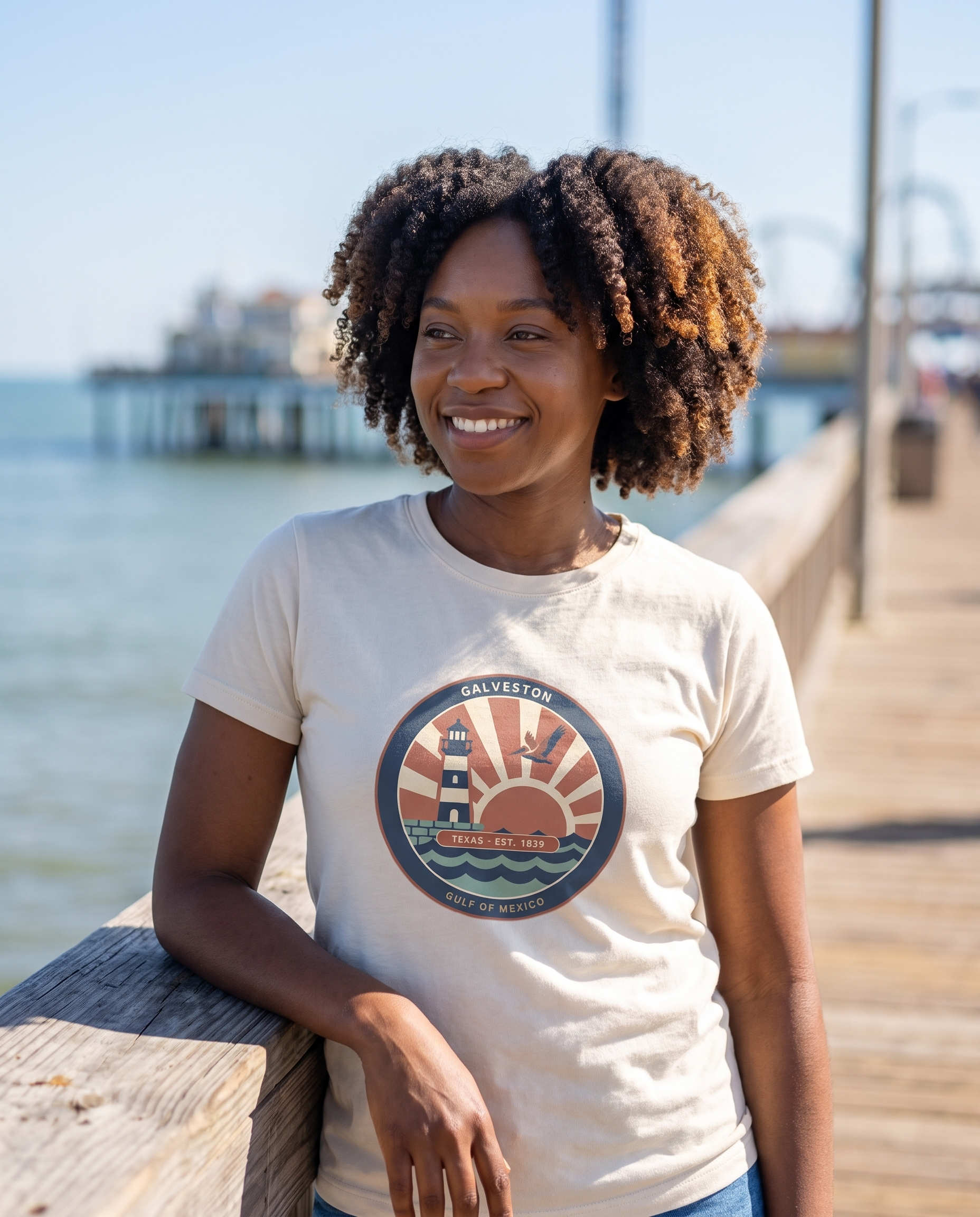 Woman wearing the Ivory Galveston Texas vintage coastal badge tee on the Pleasure Pier boardwalk
