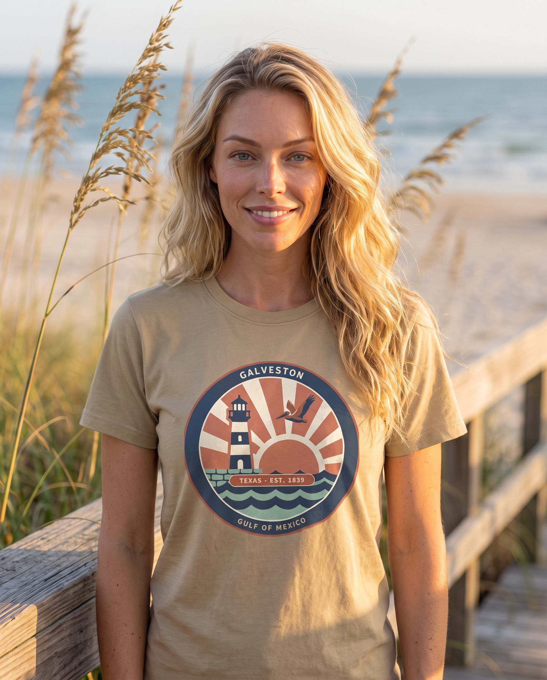 Woman wearing the Khaki Galveston Texas vintage coastal badge tee on a beachfront dune walkover