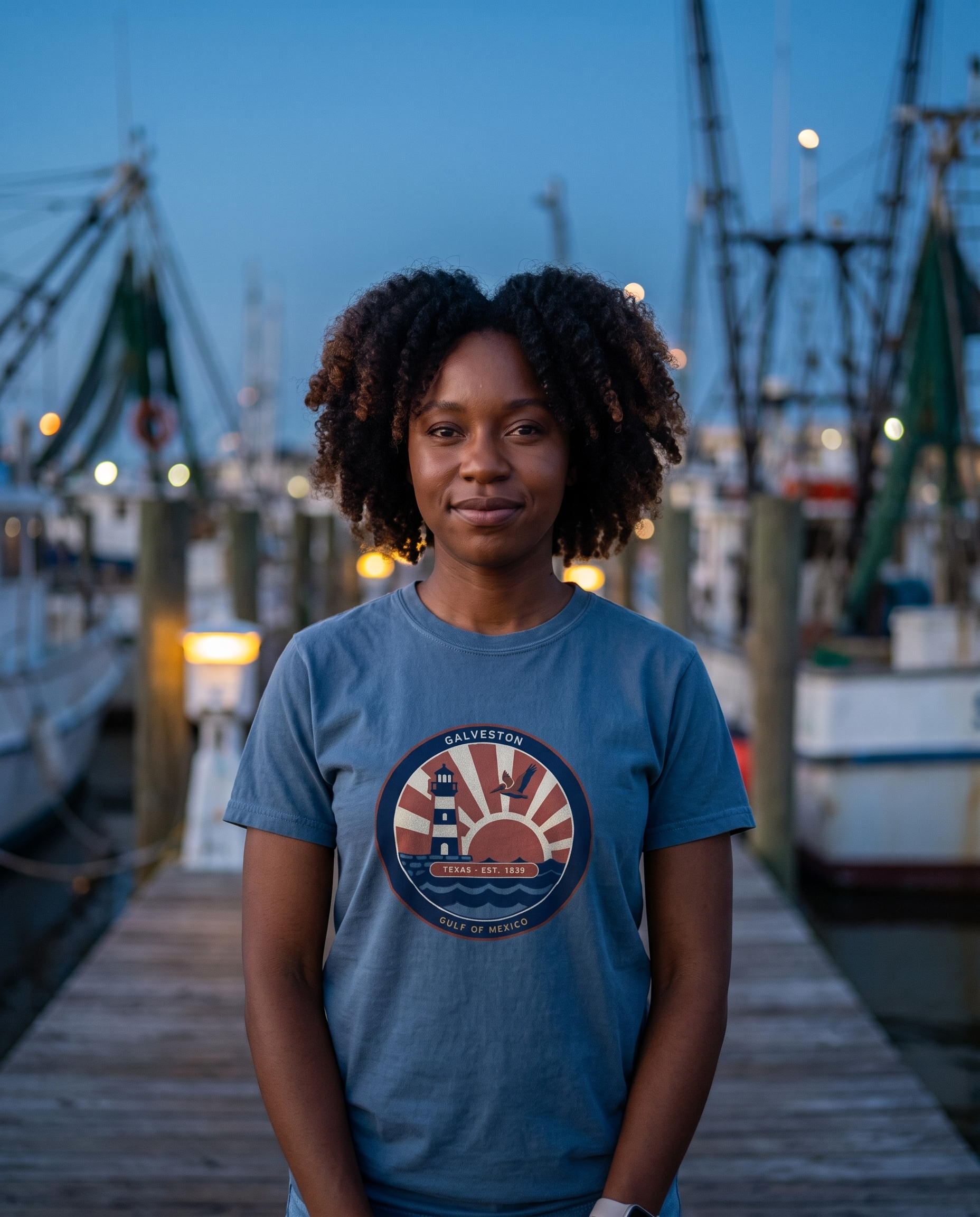 Woman wearing the Blue Jean Galveston Texas vintage coastal badge tee at the harbor at blue hour