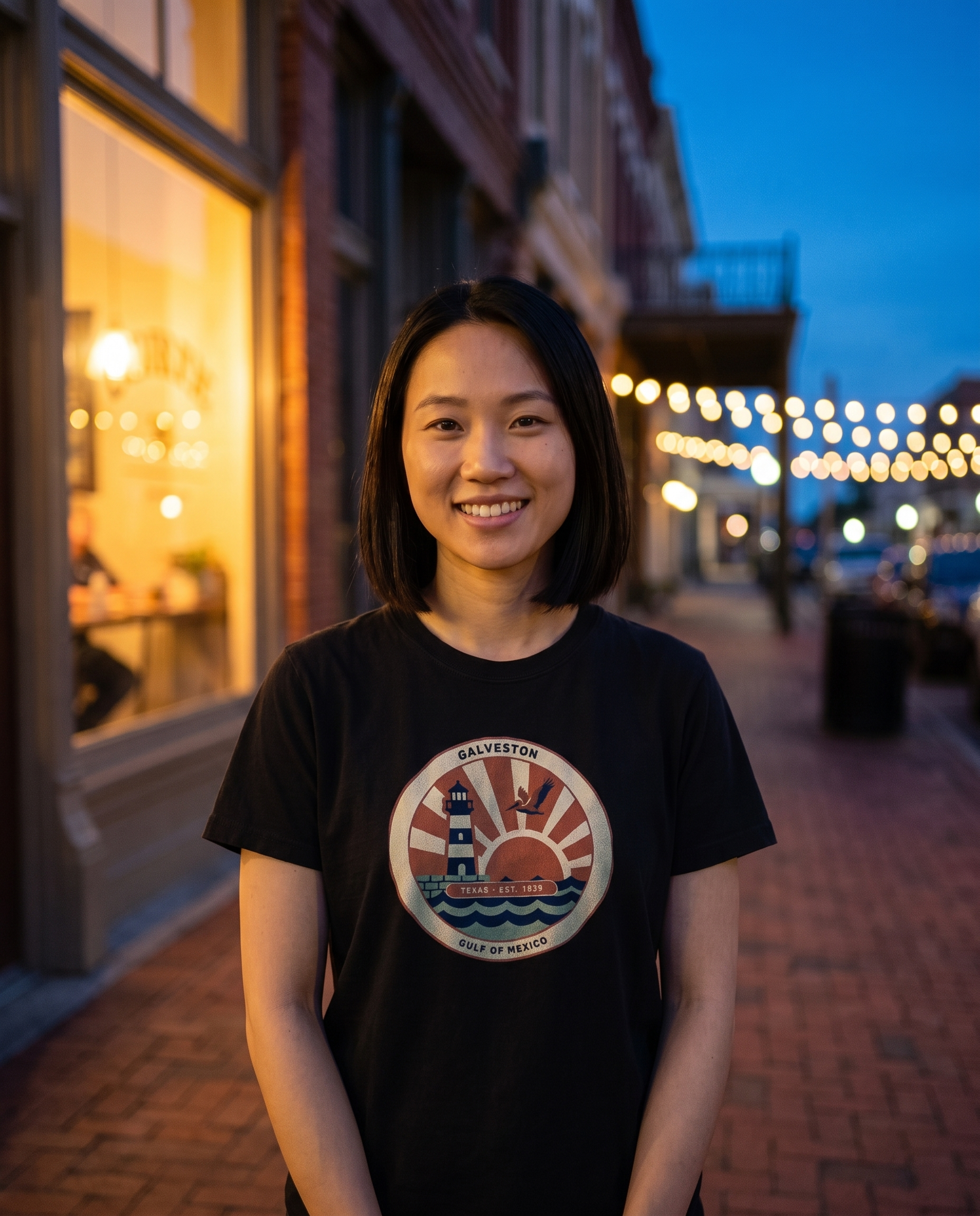 Woman wearing the Black Galveston Texas vintage coastal badge tee in the Strand District in the evening