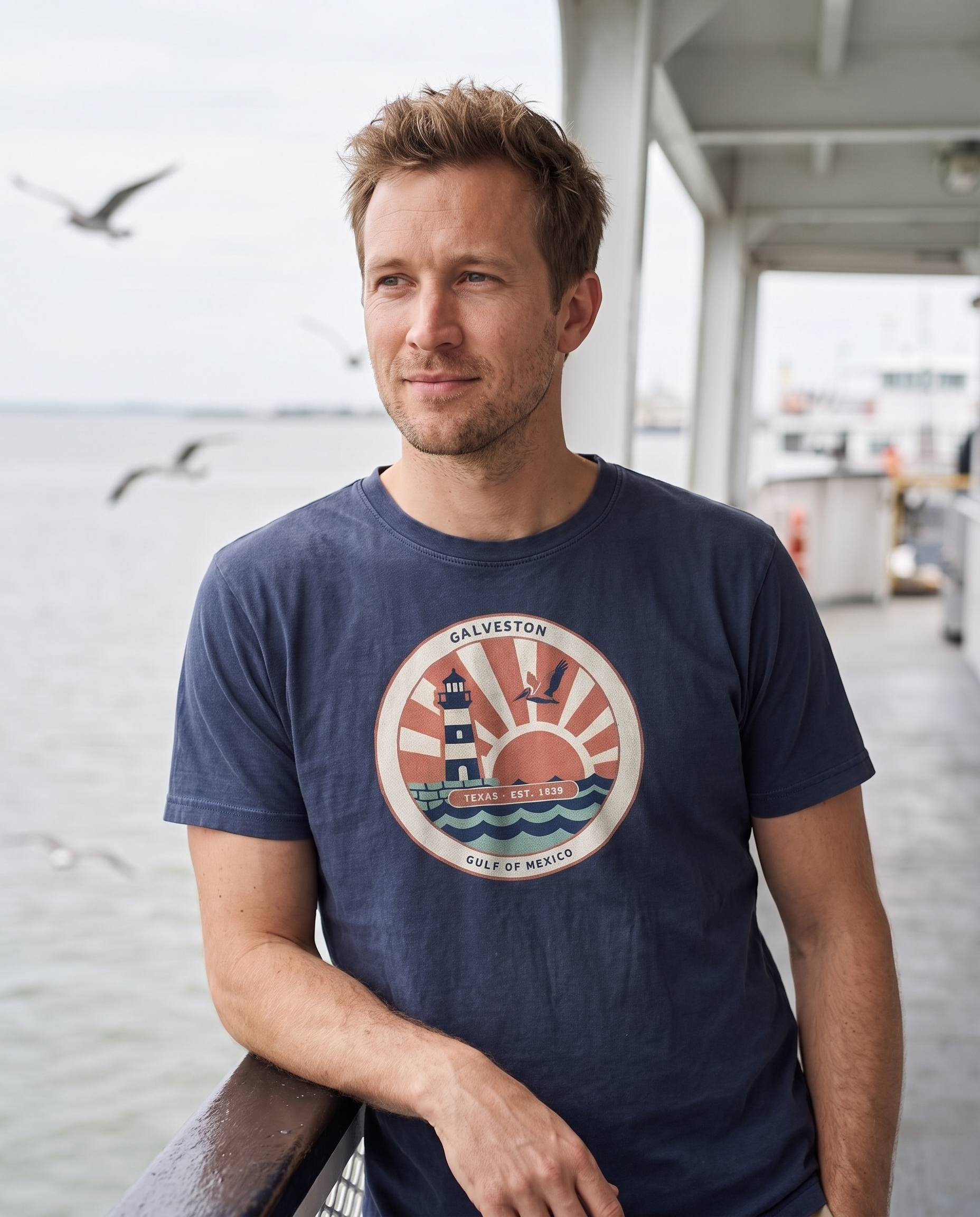 Man wearing the True Navy Galveston Texas vintage coastal badge tee on the Galveston ferry deck