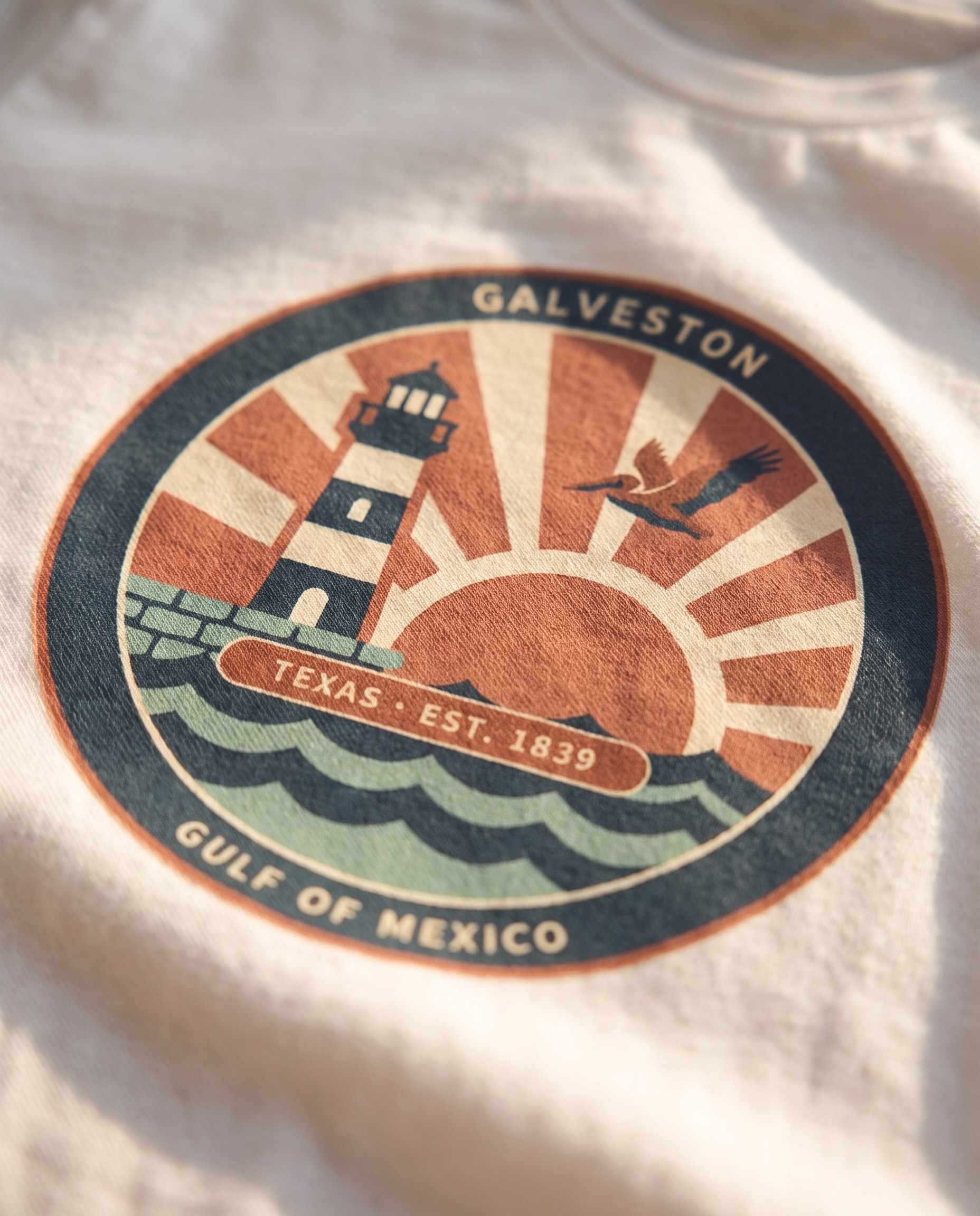 Macro detail of the Galveston Texas lighthouse badge print showing matte screen print ink on cotton