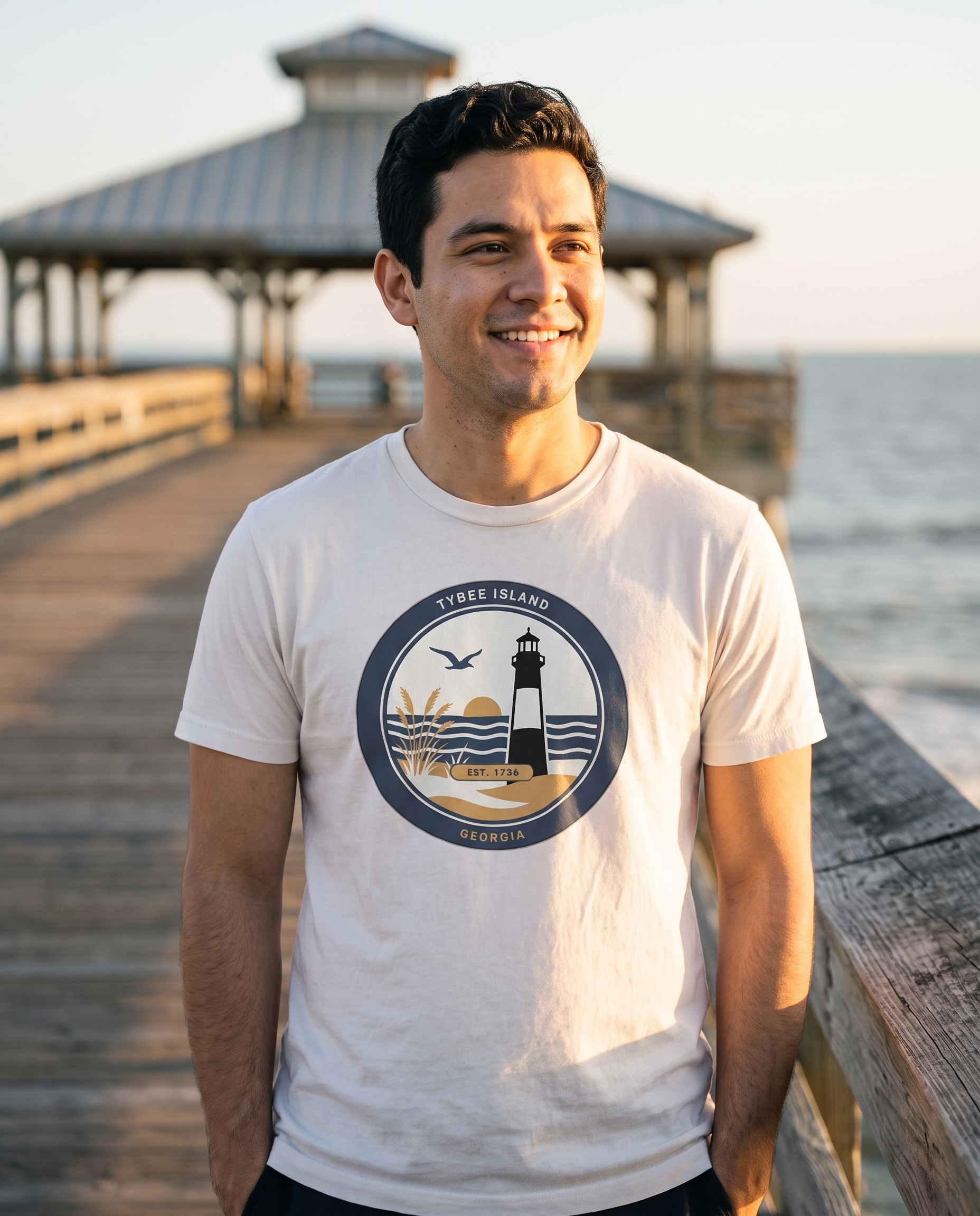 Man wearing the White Tybee Island lighthouse badge tee on the Tybee pier at golden hour