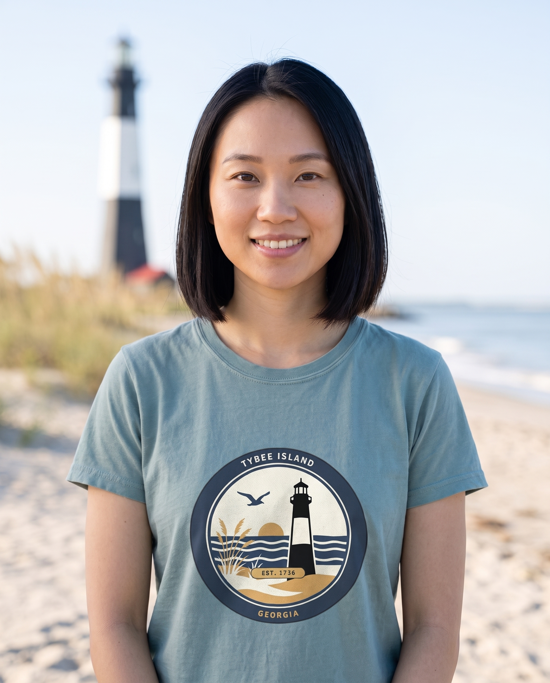 Woman wearing the Bay Tybee Island lighthouse badge tee on the Back River beach with the lighthouse behind