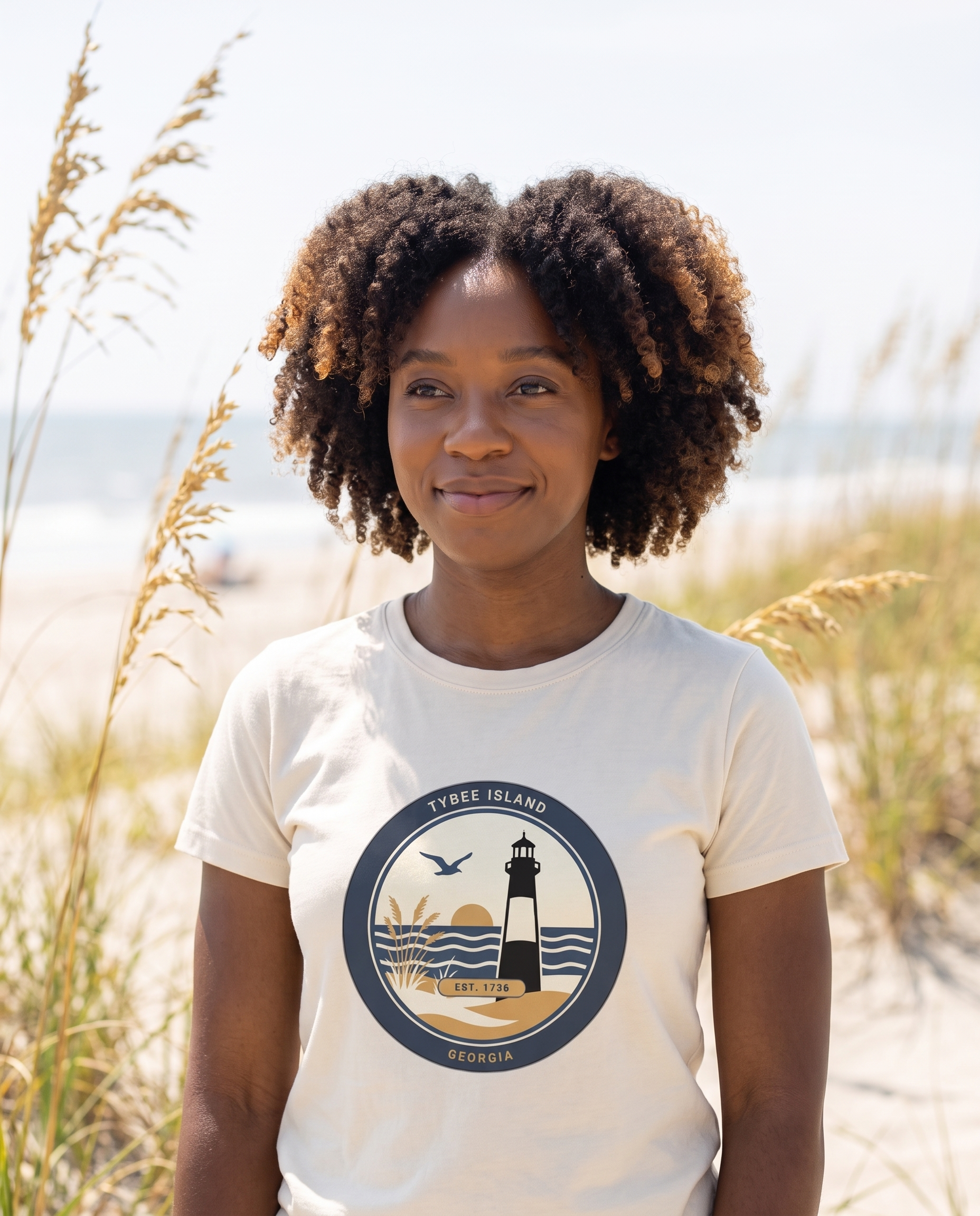 Woman wearing the Ivory Tybee Island lighthouse badge tee on the North Beach dunes