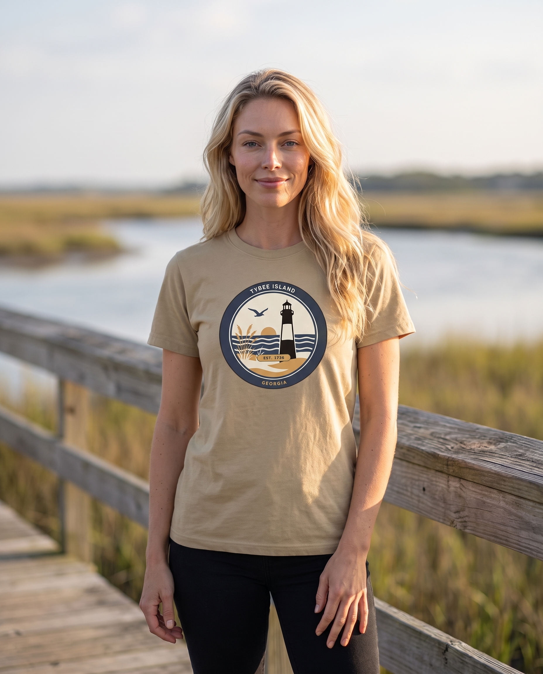 Woman wearing the Khaki Tybee Island lighthouse badge tee on a marsh boardwalk