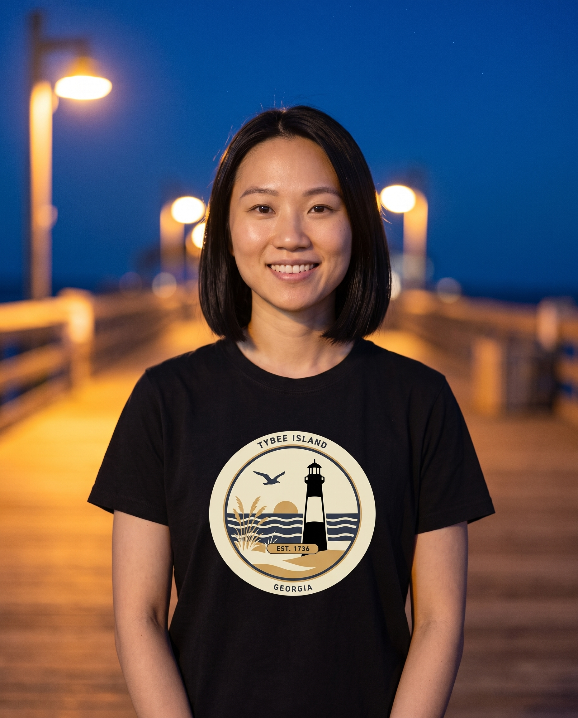 Woman wearing the Black Tybee Island lighthouse badge tee on the Tybee pier in the evening