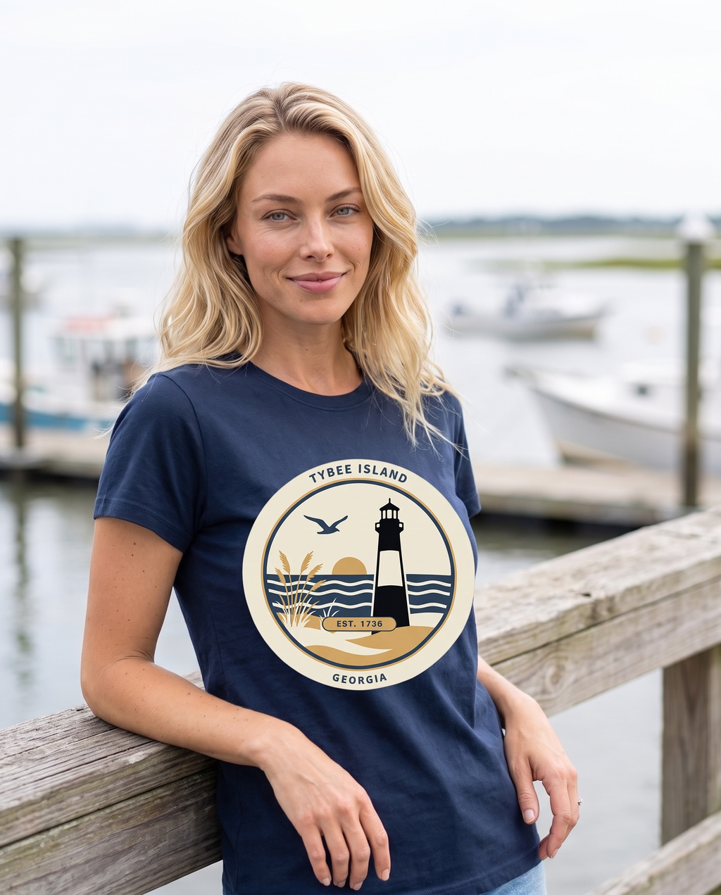Woman wearing the True Navy Tybee Island lighthouse badge tee at a Back River dock