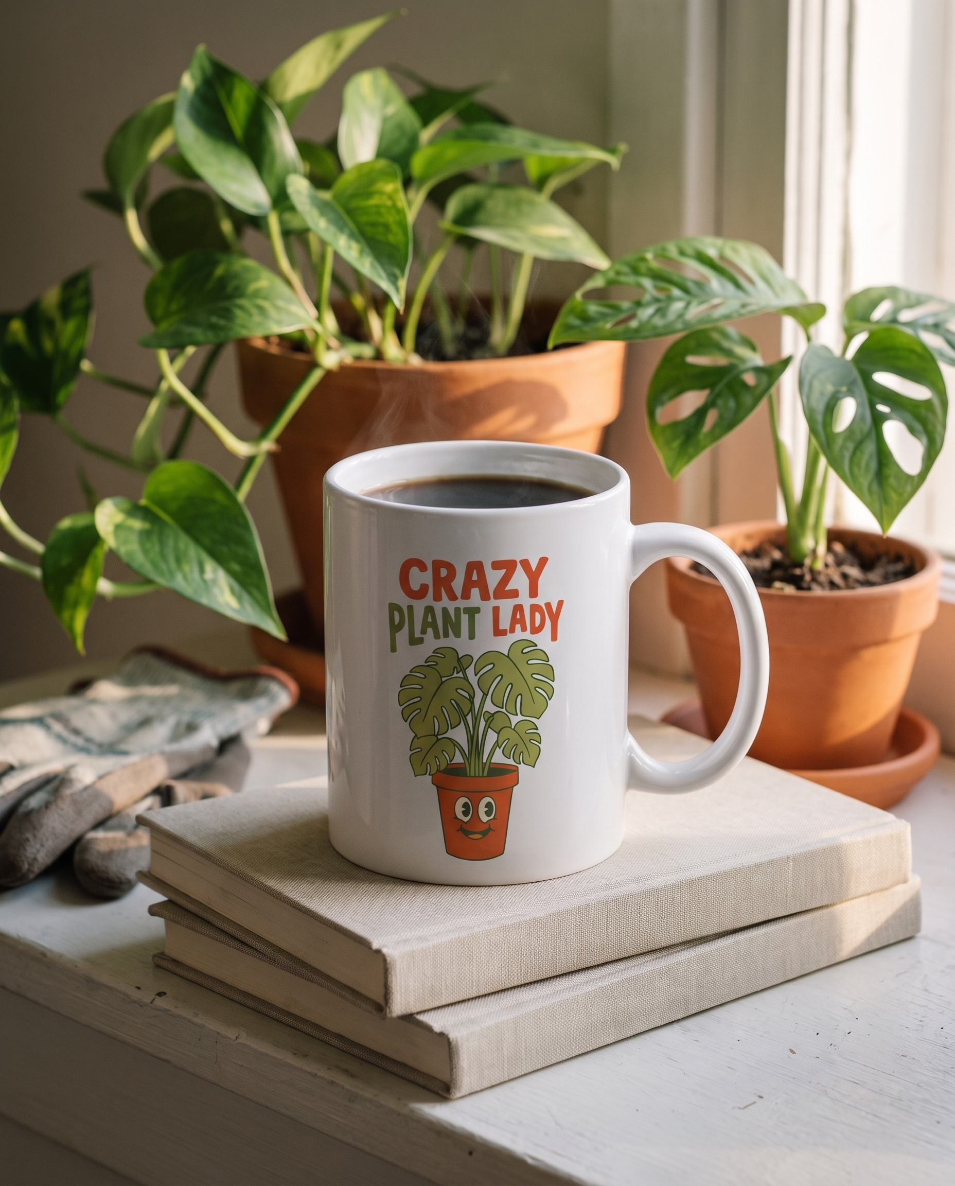 White 11oz ceramic mug of black coffee standing on a stack of two blank hardback gardening books on a painted wooden shelf, printed with CRAZY in chunky coral capitals above PLANT LADY and a monstera growing from a smiling terracotta pot. A trailing pothos and small monstera blur beside it in warm side window light.