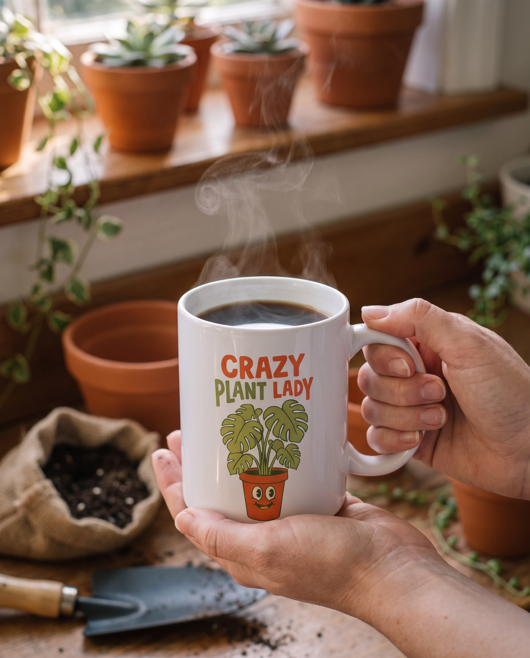 Two hands cradling a white 11oz ceramic mug of black coffee at a sunroom potting bench, the mug printed with CRAZY in chunky coral capitals above PLANT LADY and a monstera growing from a smiling terracotta pot. Terracotta pots, a hand trowel and trailing greenery blur behind in warm morning window light.
