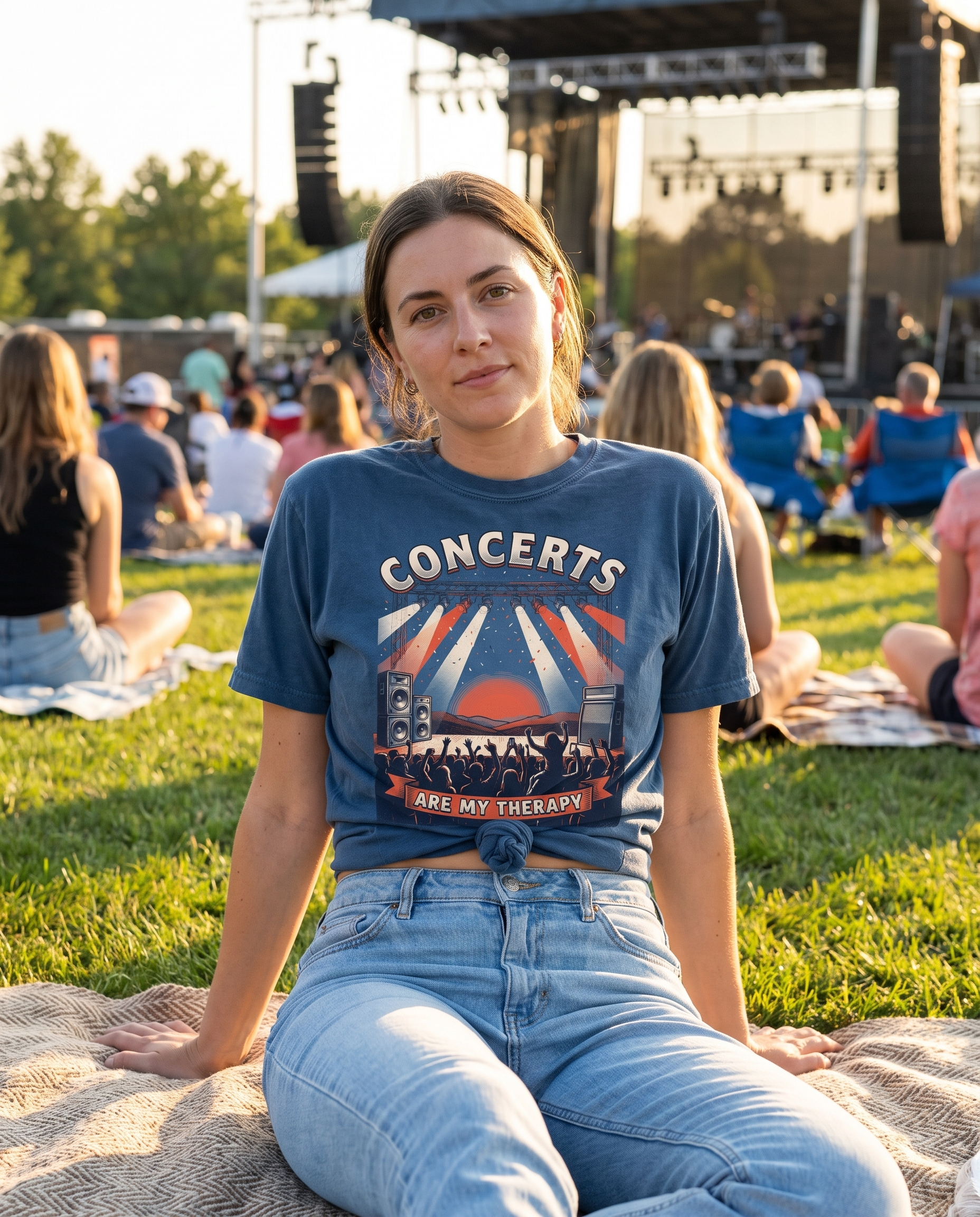 Denim Comfort Colors Concerts Are My Therapy tee knotted at the waist on an amphitheatre lawn at golden hour. AI generated model imagery, no real person photographed.