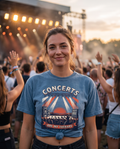 Blue Jean Comfort Colors Concerts Are My Therapy tee tied in a front knot, worn in a festival crowd at dusk. AI generated model imagery, no real person photographed.