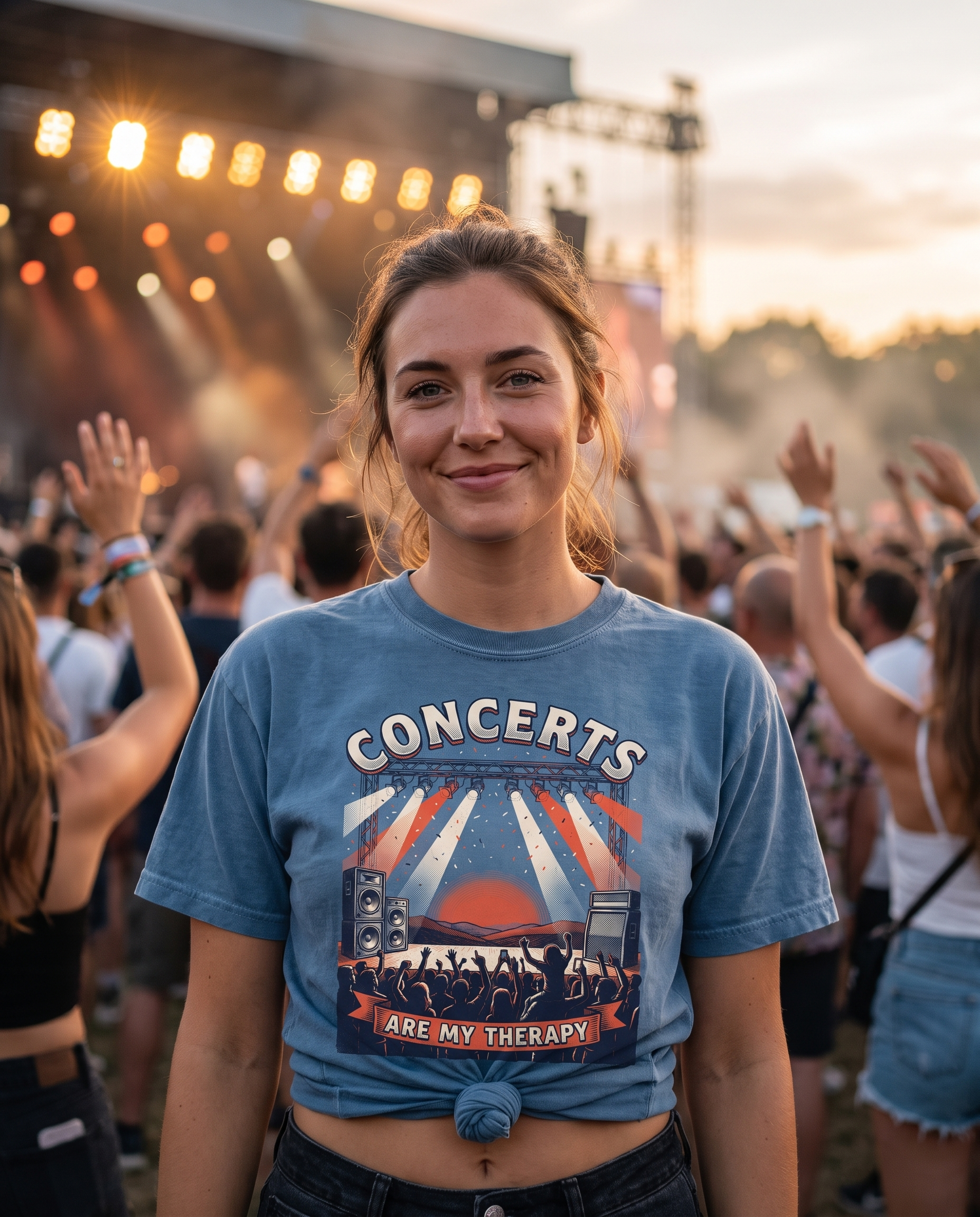 Blue Jean Comfort Colors Concerts Are My Therapy tee tied in a front knot, worn in a festival crowd at dusk. AI generated model imagery, no real person photographed.