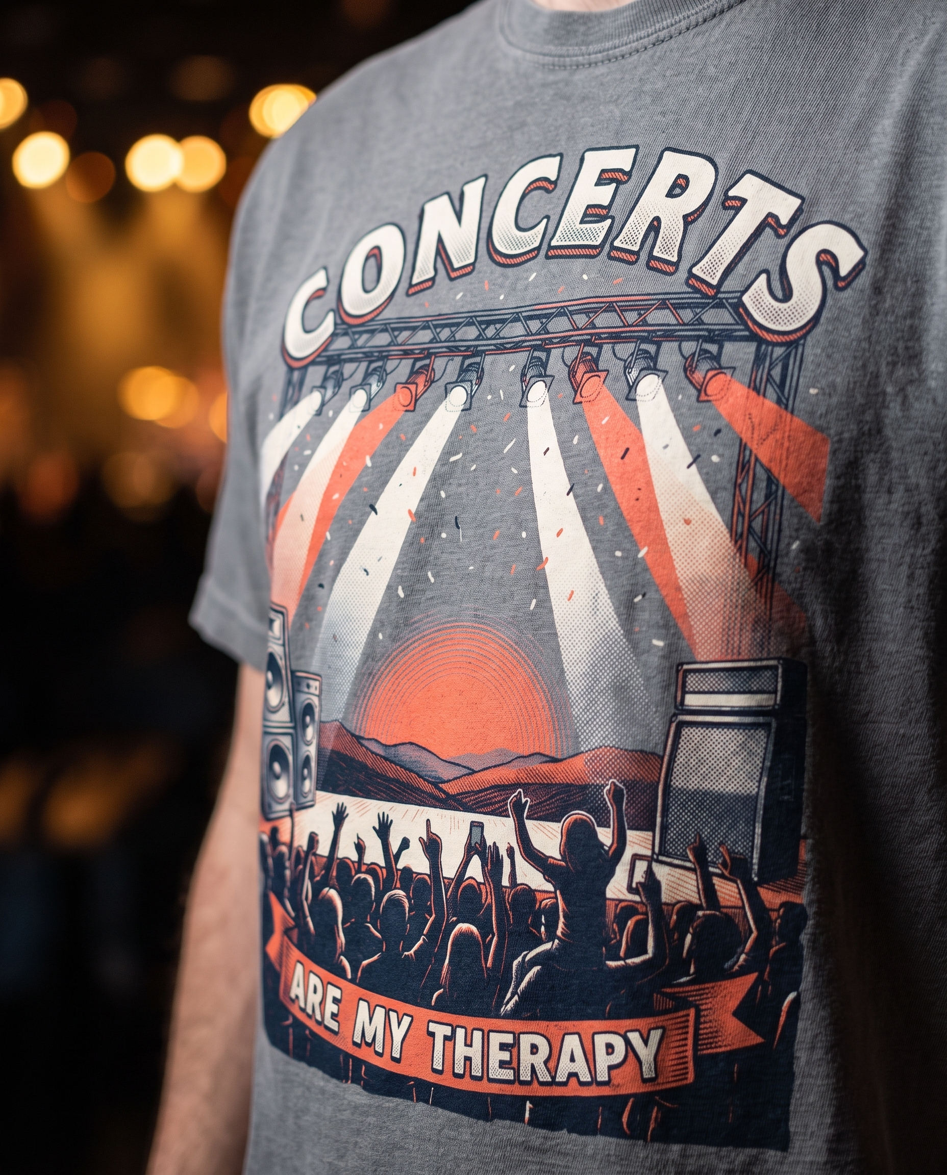 Close-up of the Concerts Are My Therapy print on a Granite Comfort Colors tee in a dim venue with warm stage-light bokeh. AI generated model imagery, no real person photographed.