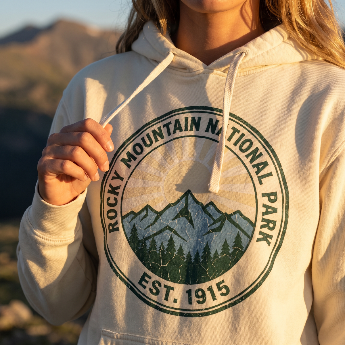 Close view of the Rocky Mountain National Park EST. 1915 badge on an ivory garment-dyed hoodie in golden hour light