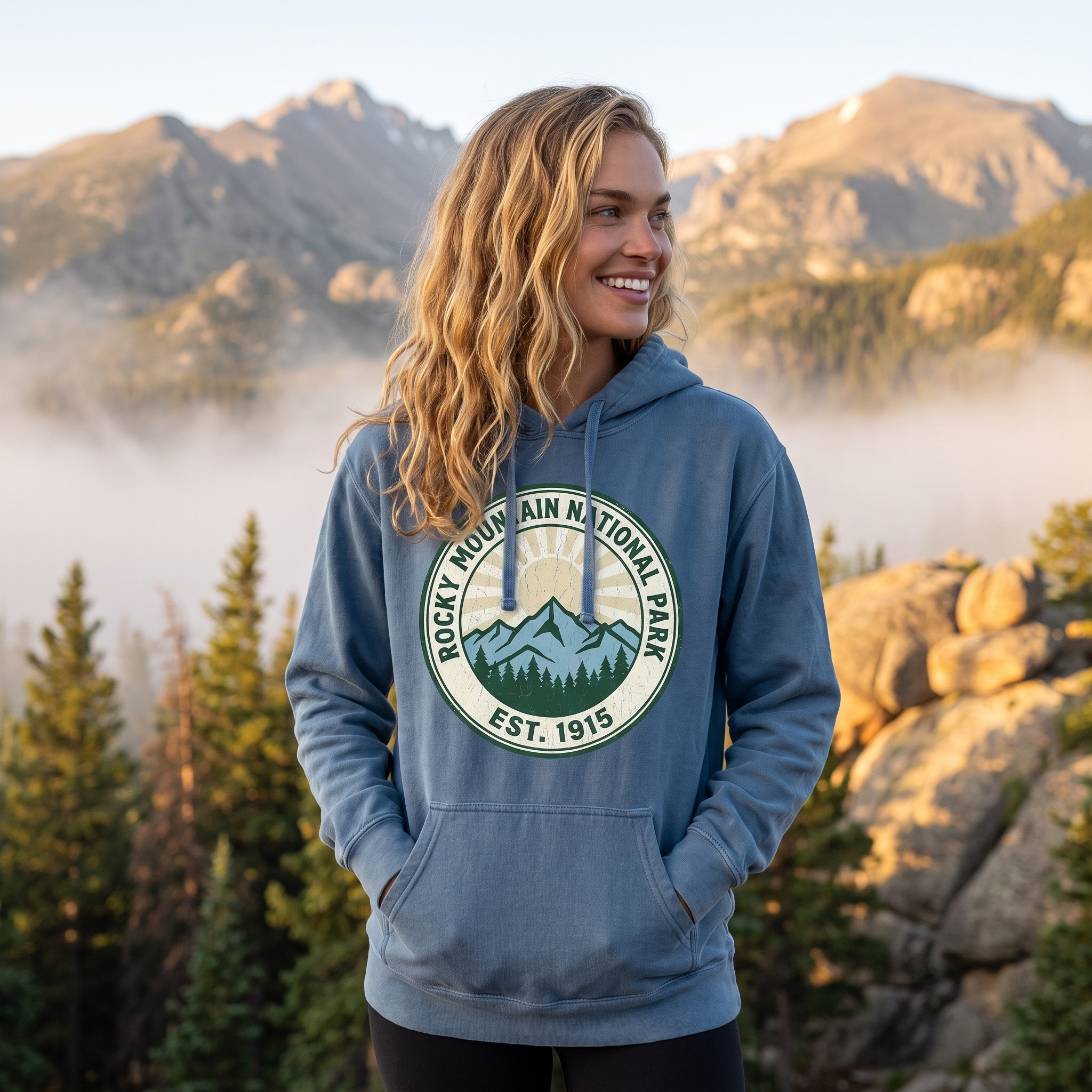 Misty Rocky Mountain overlook at sunrise, blue jean Comfort Colors hoodie with the EST. 1915 park badge centred on the chest