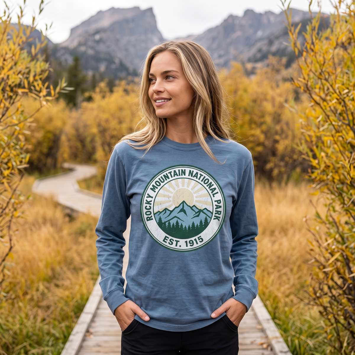 Rocky Mountain National Park long sleeve tee in Blue Jean on a boardwalk