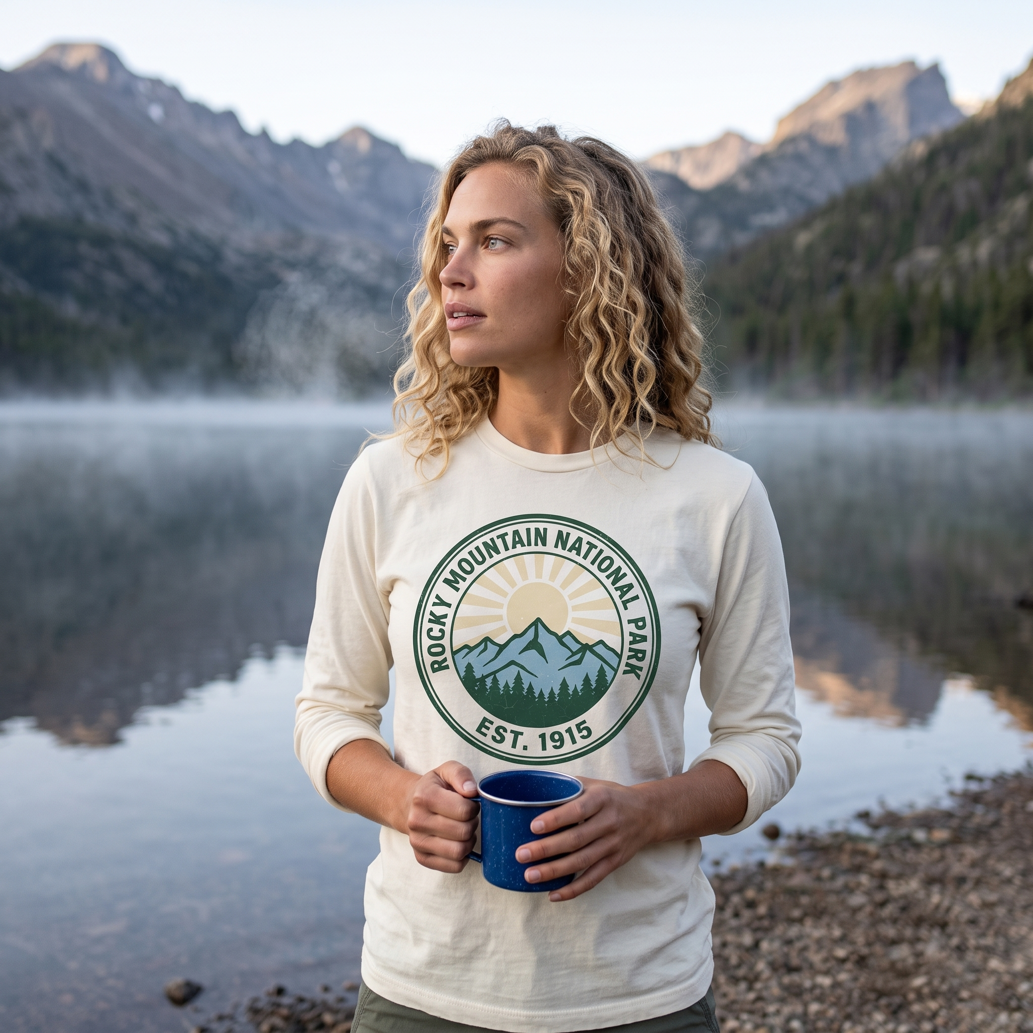 Rocky Mountain National Park long sleeve tee in Ivory at a misty lake