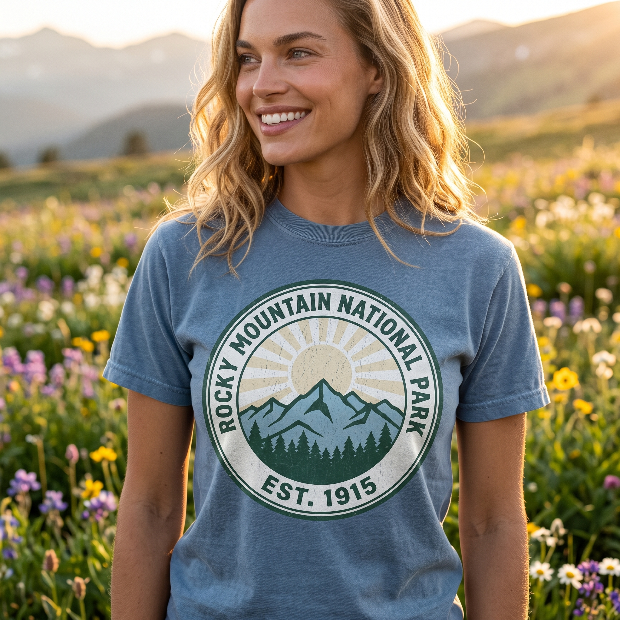 Rocky Mountain National Park tee in Blue Jean, close view in a wildflower meadow