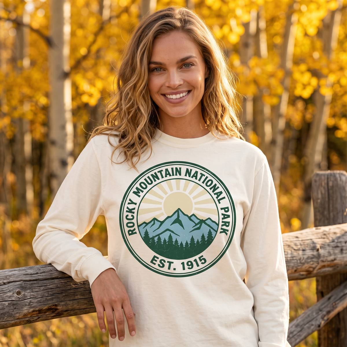 Rocky Mountain National Park long sleeve tee in Ivory, close view with golden aspens