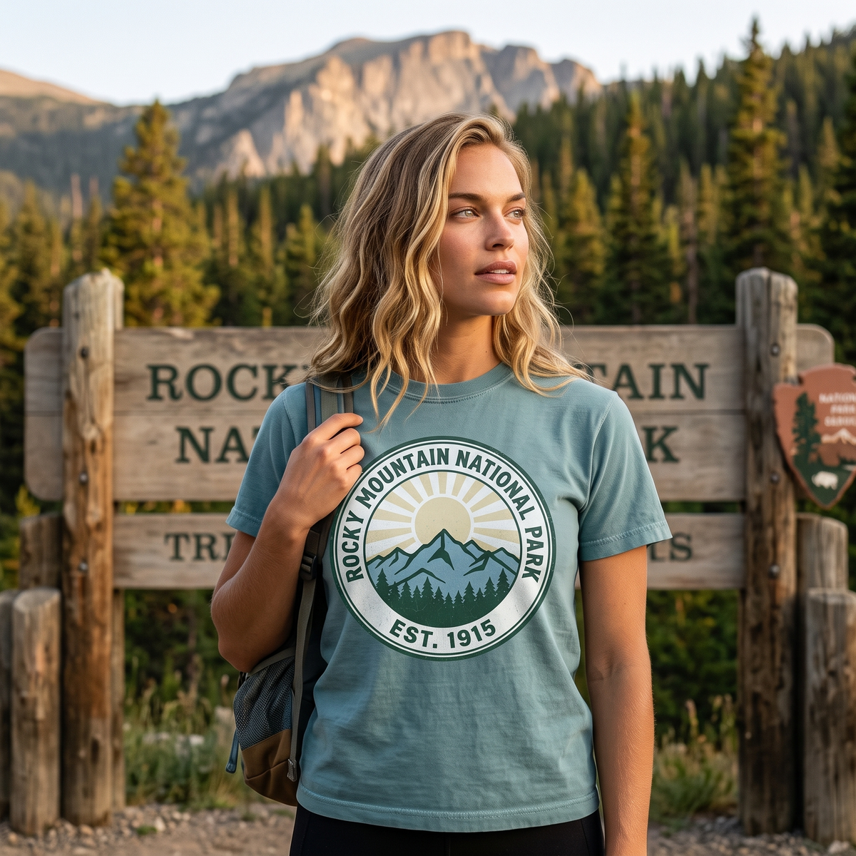 Rocky Mountain National Park tee in Bay at a park trailhead sign