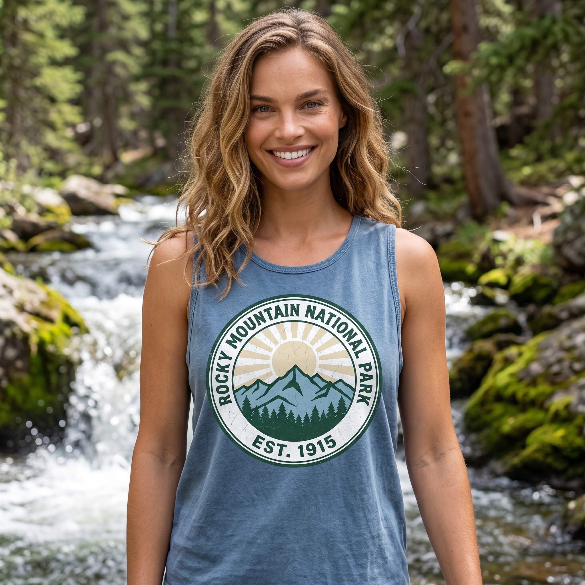 Rocky Mountain National Park tank top in Blue Jean, close view by a mountain creek