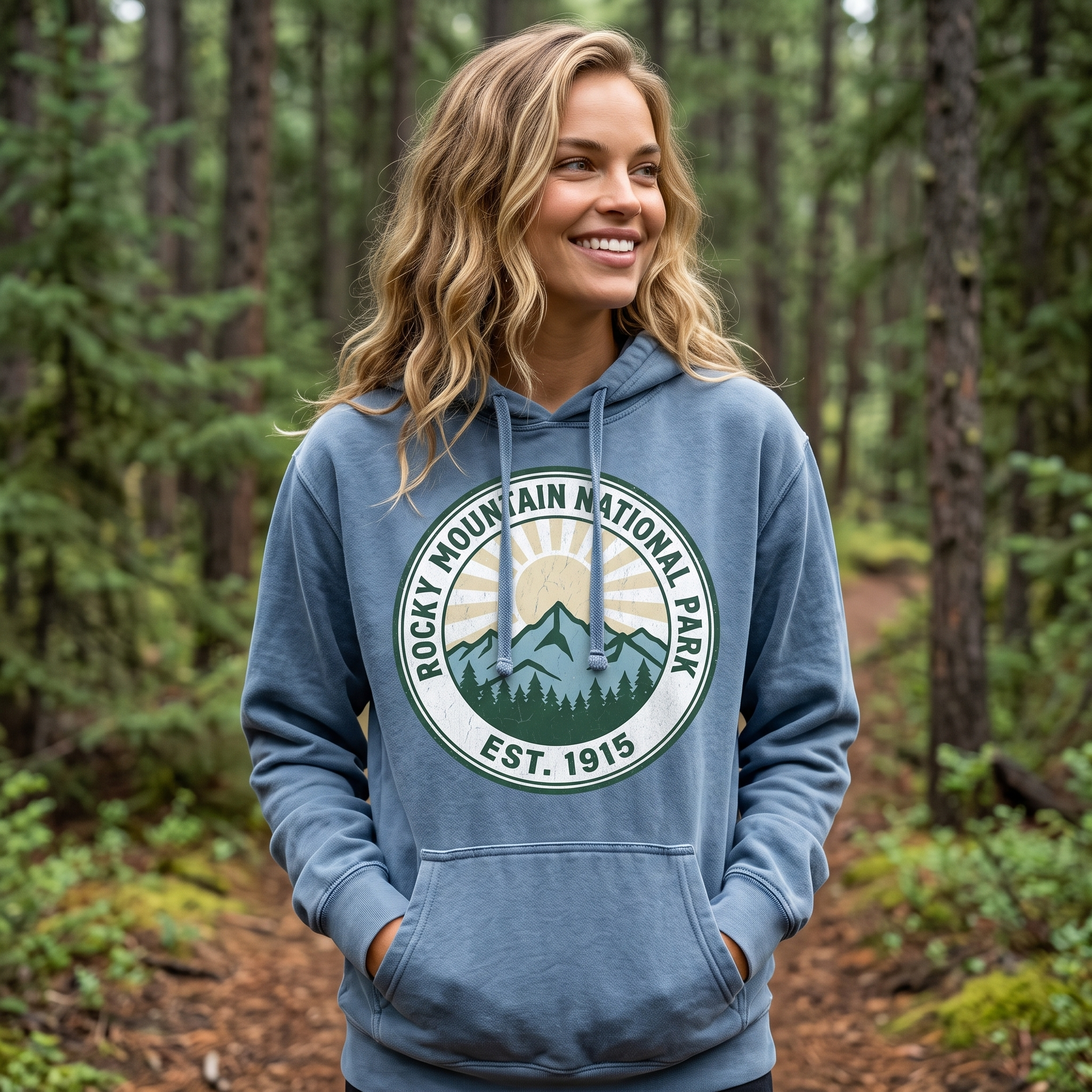 Rocky Mountain National Park hoodie in Blue Jean, close view on a forest path