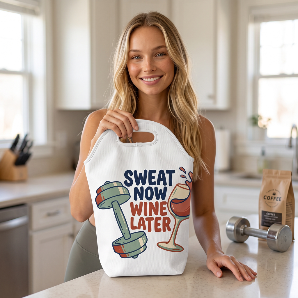 Sweat Now Wine Later insulated wine tote in white at a kitchen counter, close lifestyle photograph